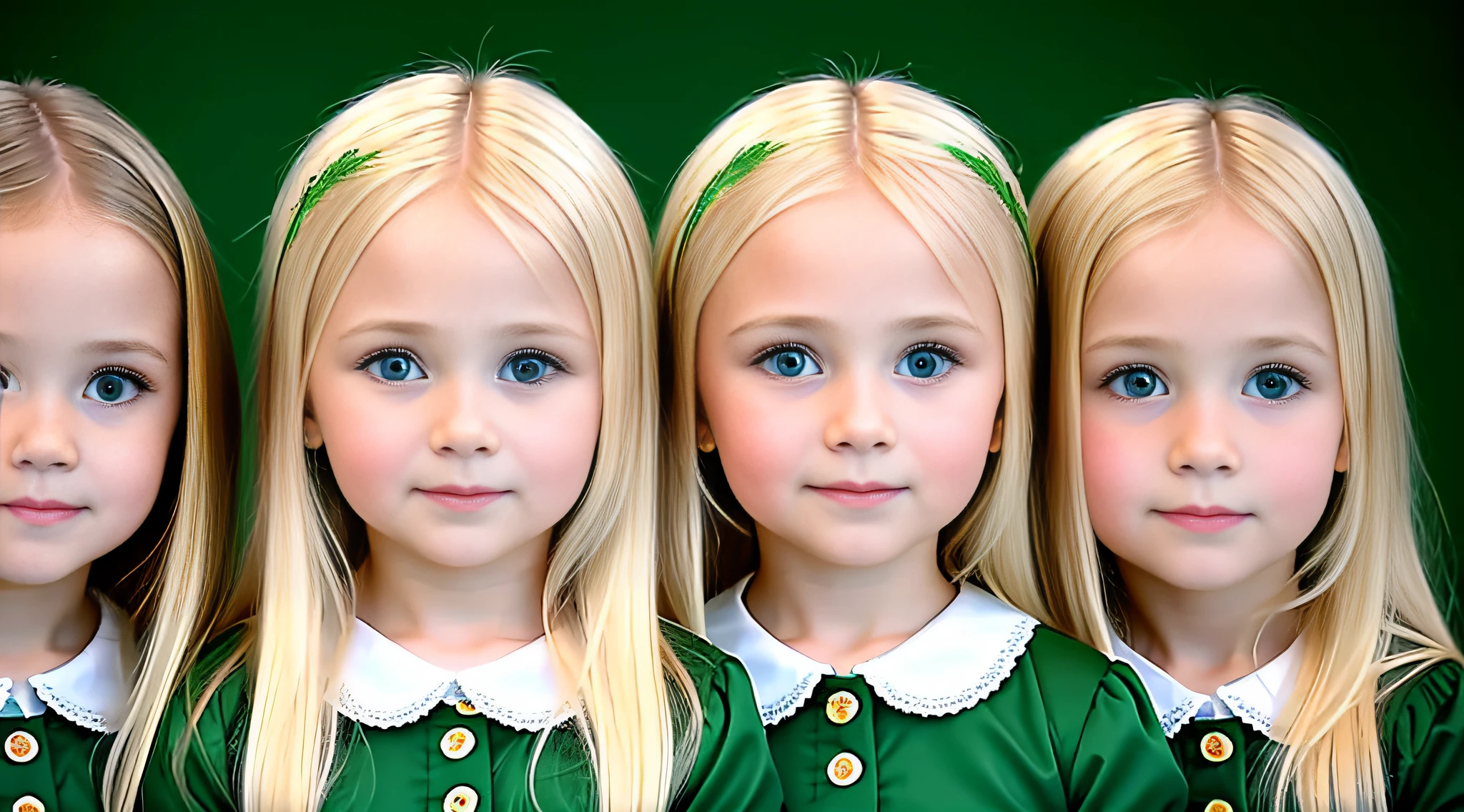 3 Russian children girls with , WITH LONG STRAIGHT HAIR blondes, PORTRAIT STYLE, a closeup of a green screen.