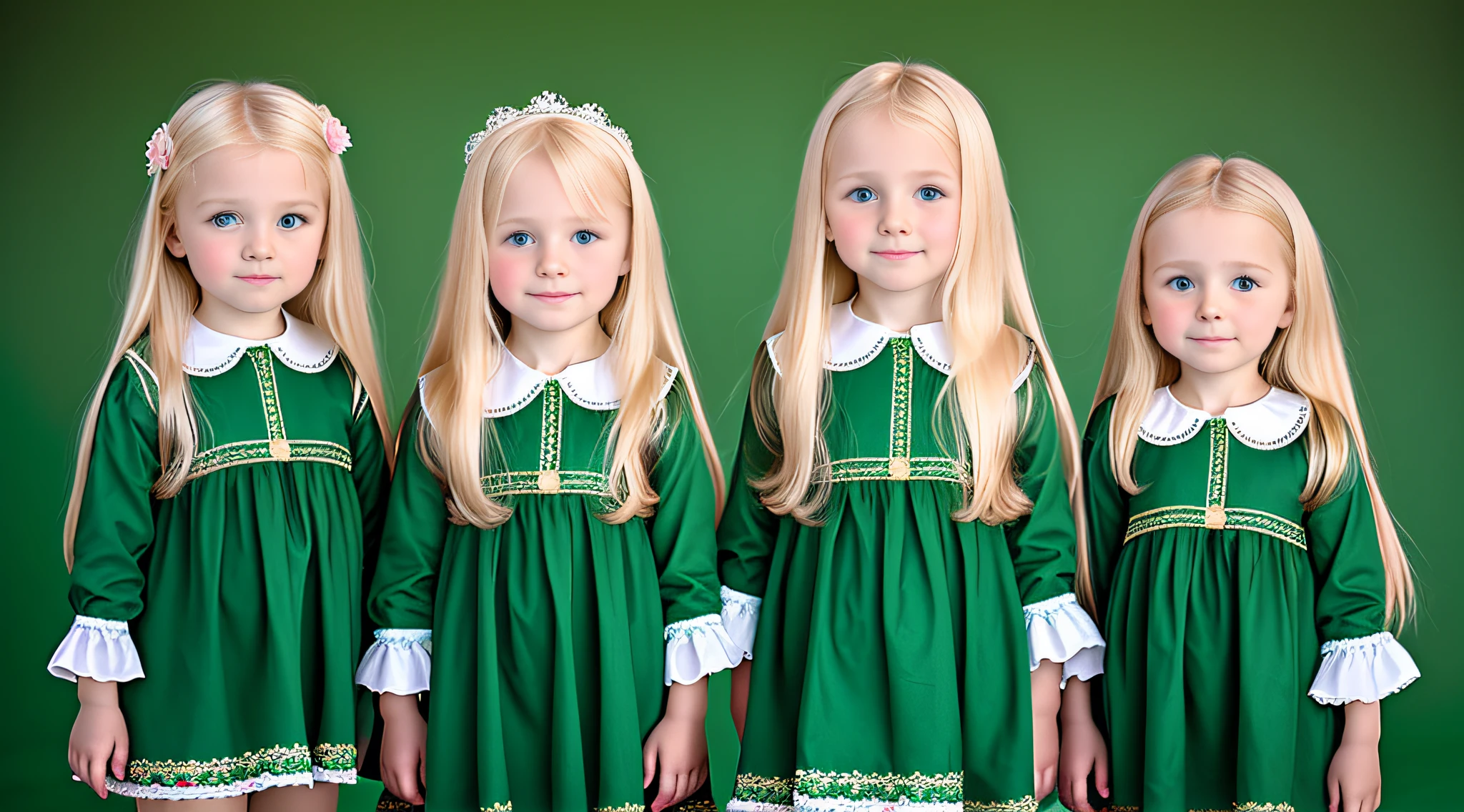 3 Russian  girls with 10 yearsONG STRAIGHT HAIR blondes, PORTRAIT STYLE, a closeup of a green screen.