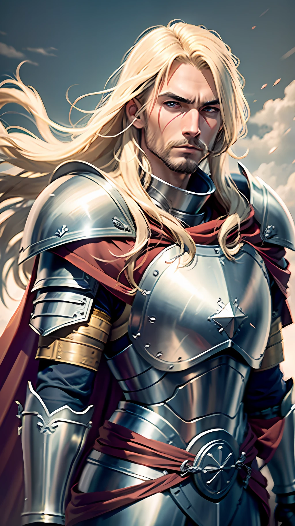 Warrior, 1 man, best quality, 8k, wallpaper, 25 years, blonde, long hair, plate armor, steel breastplate, steel boots, steel gauntlets, steel gloves, red cape,