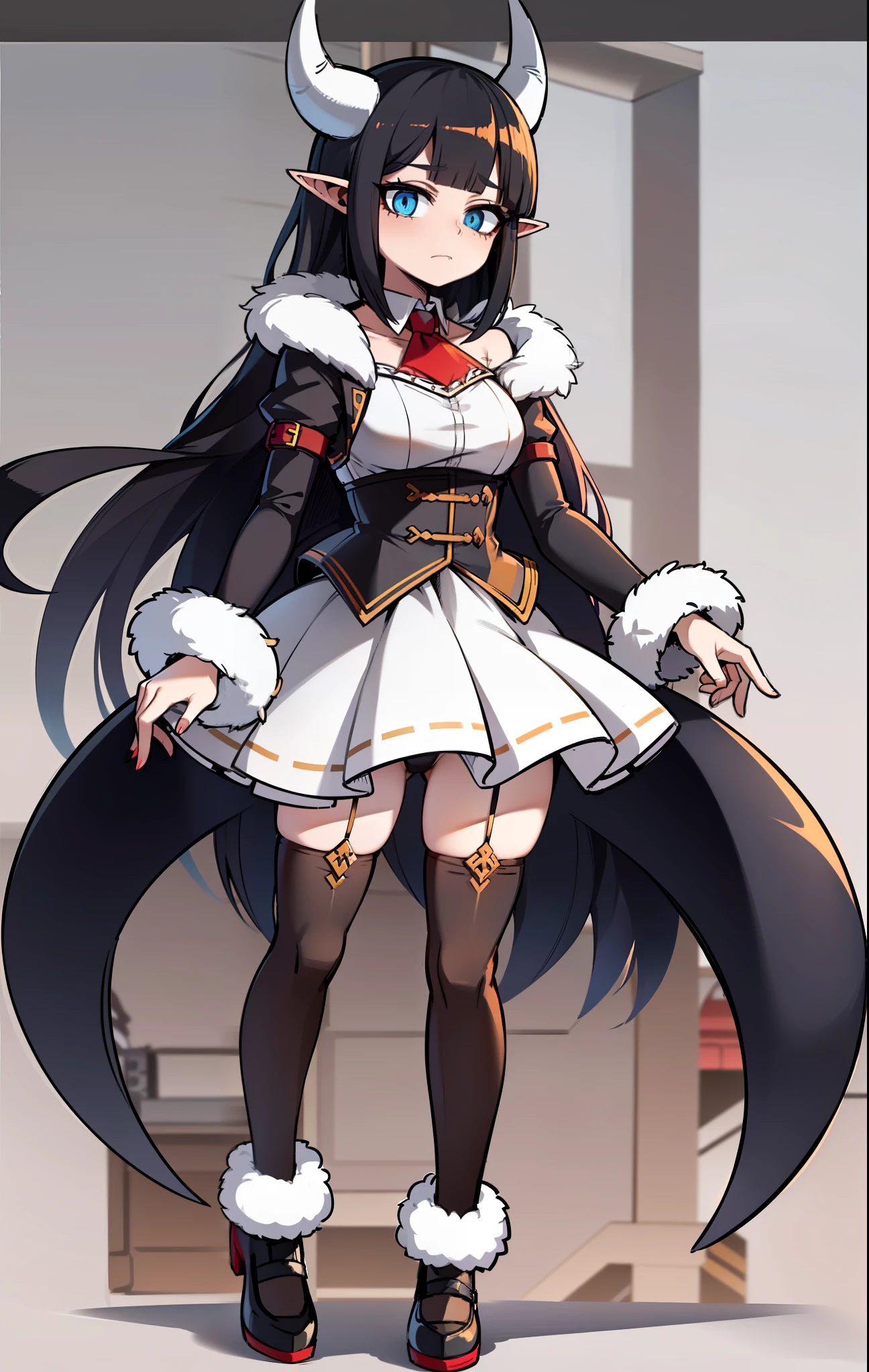 (cute, energetic, standing, full body standing: 1.4), (shark decoration, white background), (demon double horns: 1.2, elf ears, black hair, blue eyes), (twisted braid: 1.1, red fur coat, white stockings, small leather shoes), (high resolution), (beautiful white skirt), (red hairpin at the top right), medium shot