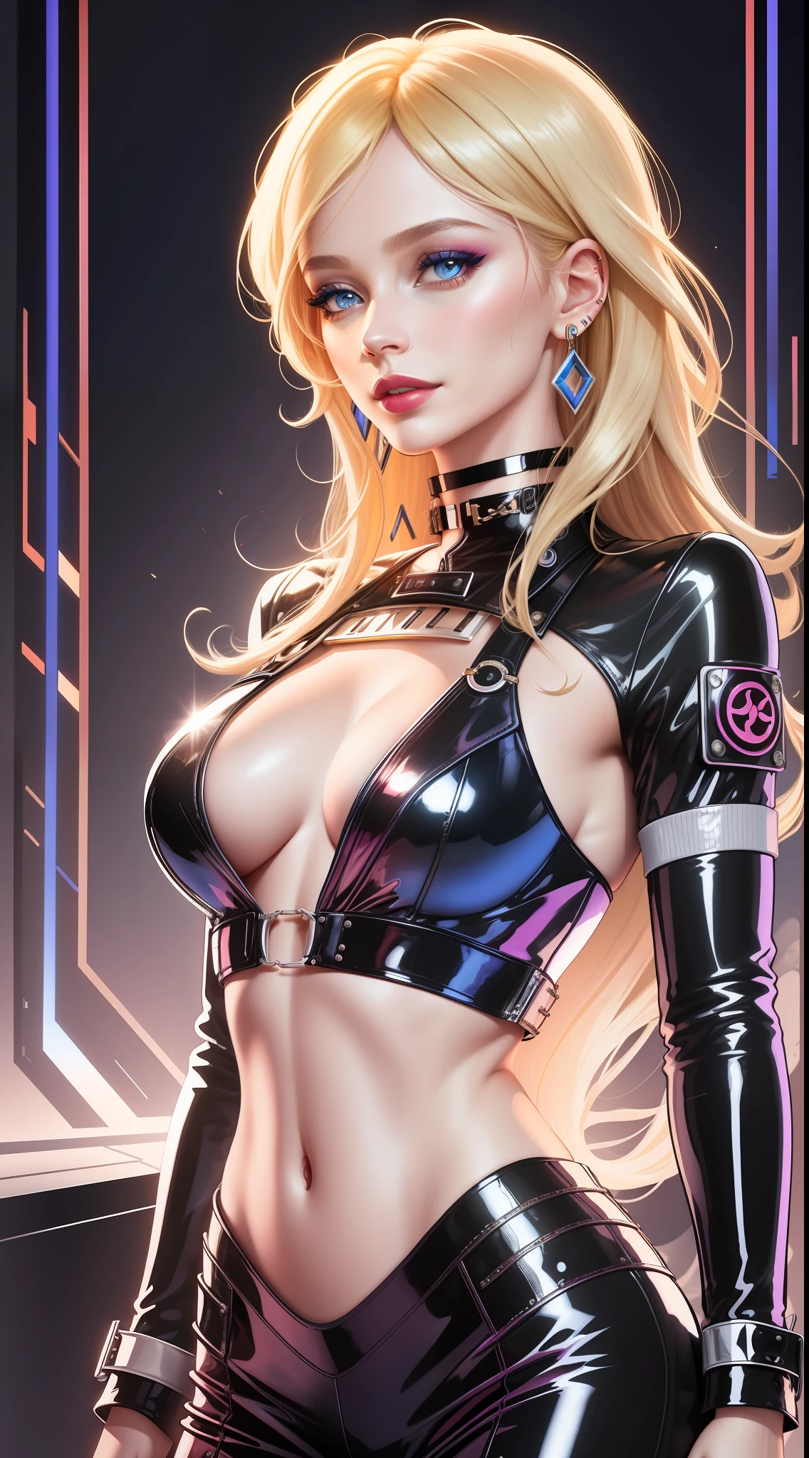 ([jennifer lawrence:Michelle Monaghan:0.77]:0.8), woman, solo, fashion, shiny transparent jacket, latex crop-top, blue eyes, smile, long hair, blonde hair, medium shot, (stanleylau style:0.9), (cherrmous style:0.9) magazine cover, cover art, illustration, studio shot, high contrast, triadic colors, complementary colors, symmetric, centered, circles, lines, choker, earrings, eyelashes, eyeshadow, lips, lipstick, jewelry, makeup, nose, parted lips,standing, navel, (lush:0.8),(otherworldly:0.7),(sharp:0.6),