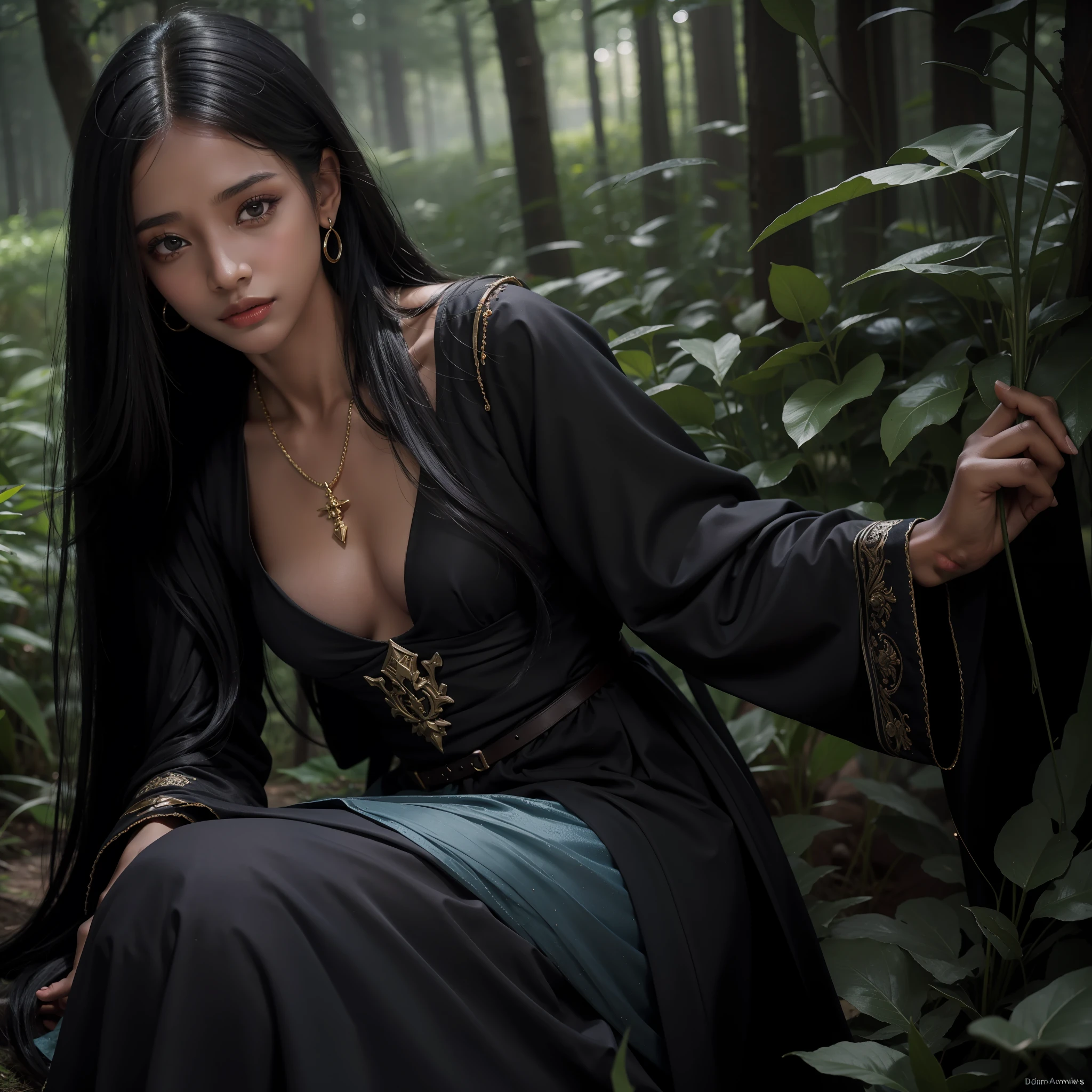 aiyana lewis, pretty only 1girl, long black hair, wizard clothes, witch, dark skinned, upper body, innocent eyes, masterpiece, hd, ultradetailed, realist, impressionalism, hyperrealisic, real, hd, magical