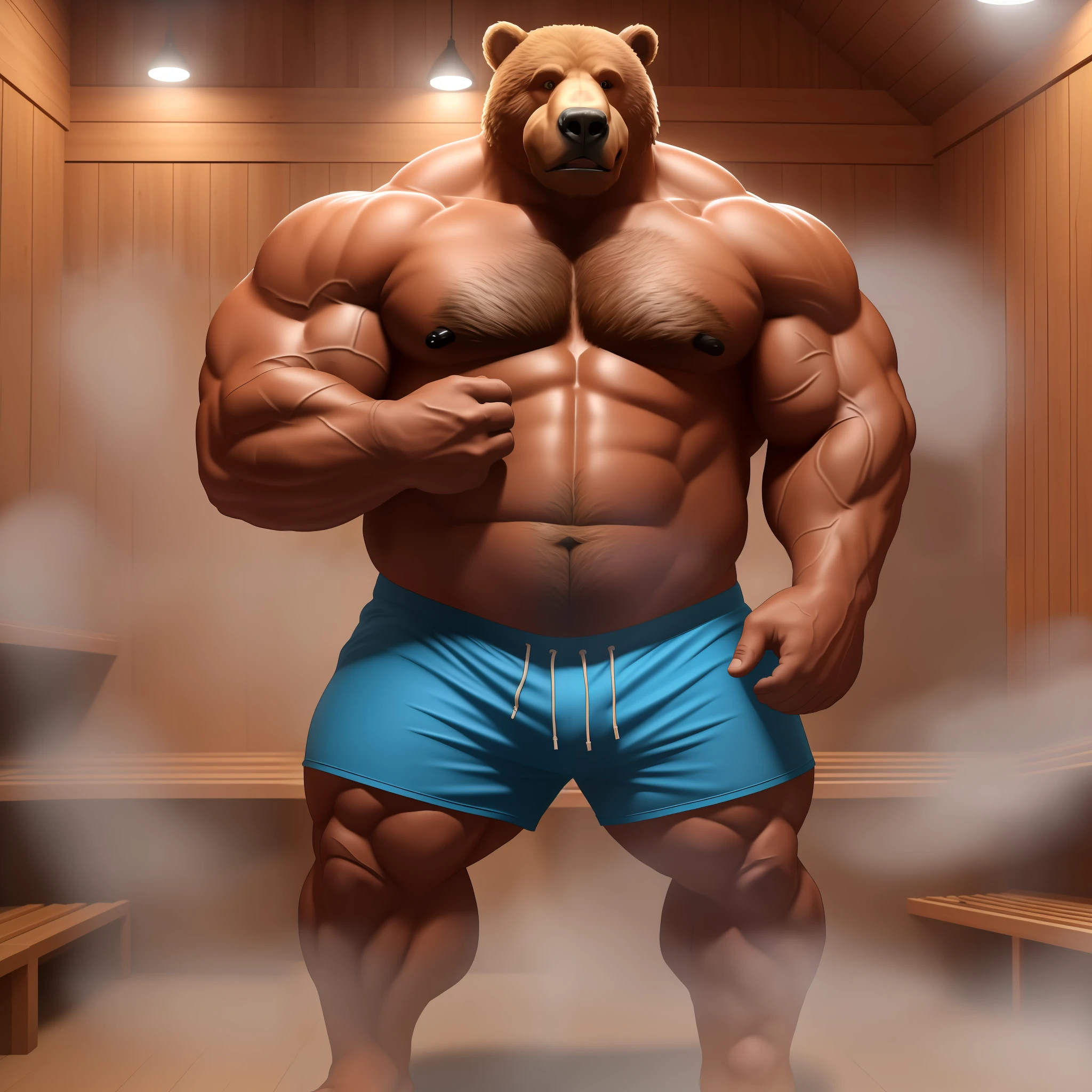 there is a very large bear that is standing right in front of you, in a sauna, super buff and cool, beefy, furry body, buff man, very buff, muscular!!!, muscular!!, giant bear human hybrid, man bear pig, muscular and terrifying, muscular character, muscular!, furry brown body, strong fat bacchanalian body, extremely muscular, muscular characters, fluffy body, big muscles, larger then you