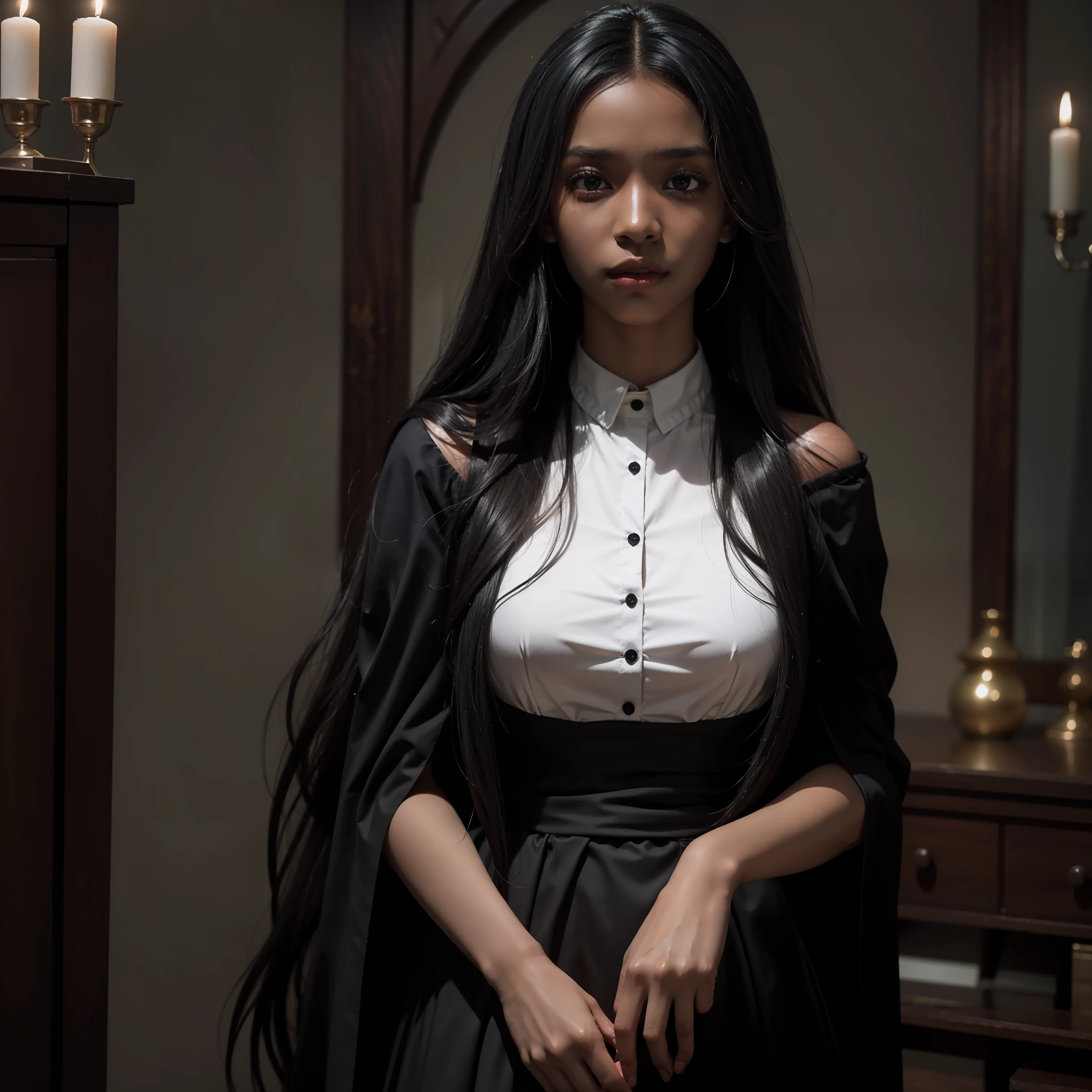 aiyana lewis, pretty only 1girl, long black hair, wizard clothes, witch, dark skinned, upper body, innocent eyes, masterpiece, hd, ultradetailed, realist, impressionalism, hyperrealisic, real, hd, magical