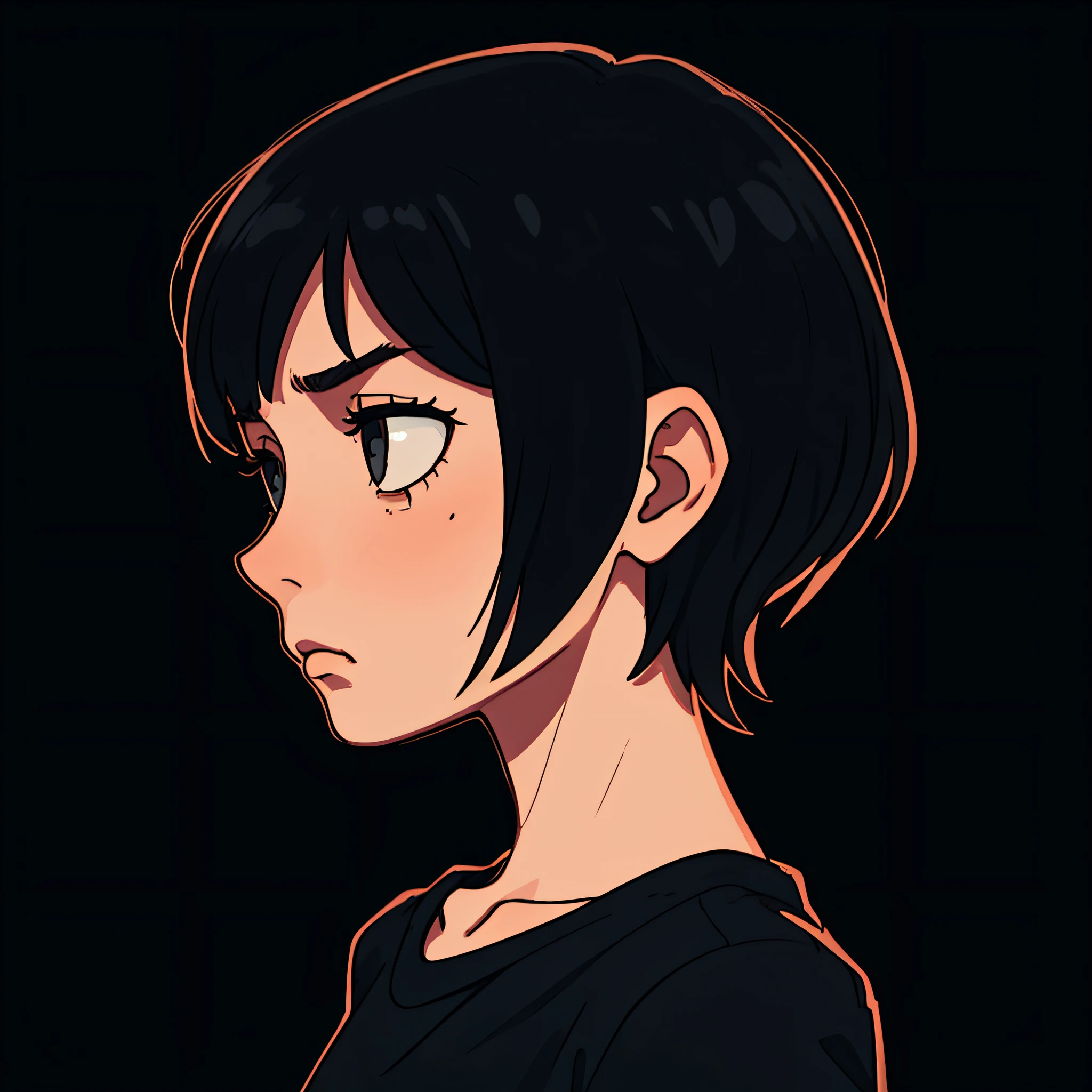 Beautiful girl, very detailed, clean, high-quality, sharp image, sad, depressed, cool colors, short hair, dark hair, black t-shirt, flat chest, close-up, profile picture, hopelessness, doom, sad atmosphere, simple background, good lighting, high quality