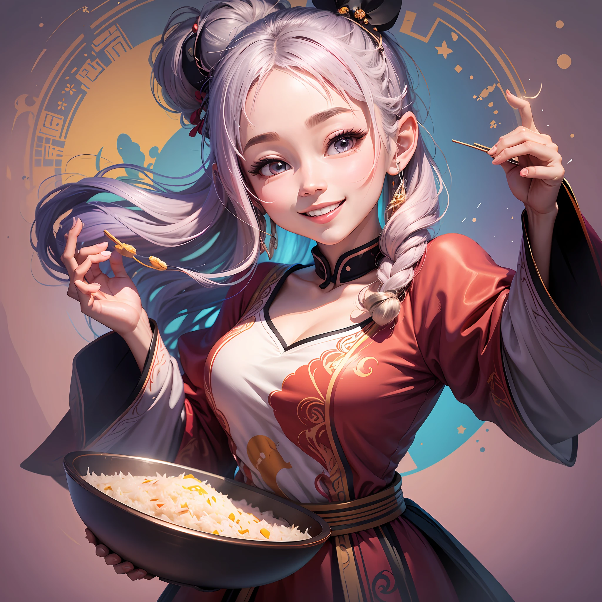 Disney princess, holding a bowl full of fried rice in her hand, very happy, looks super delicious, minimalist style, vector graphics