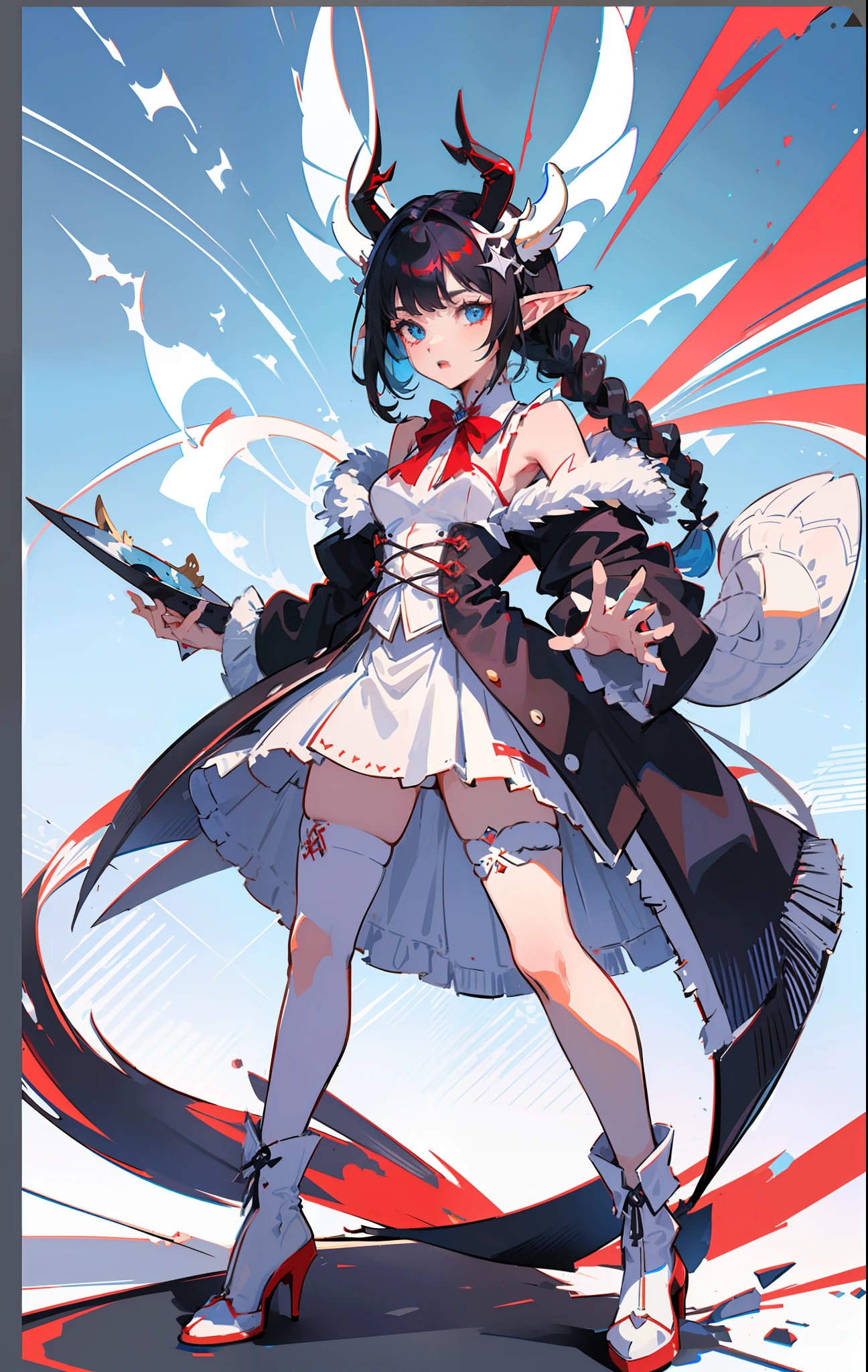 (cute, energetic, standing, full body standing: 1.4), (shark decoration, white background), (demon double horns: 1.2, elf ears, black hair, blue eyes), (twisted braid: 1.1, red fur coat, white stockings, small leather shoes), (high resolution), (beautiful white skirt), (red hairpin at the top right), medium shot