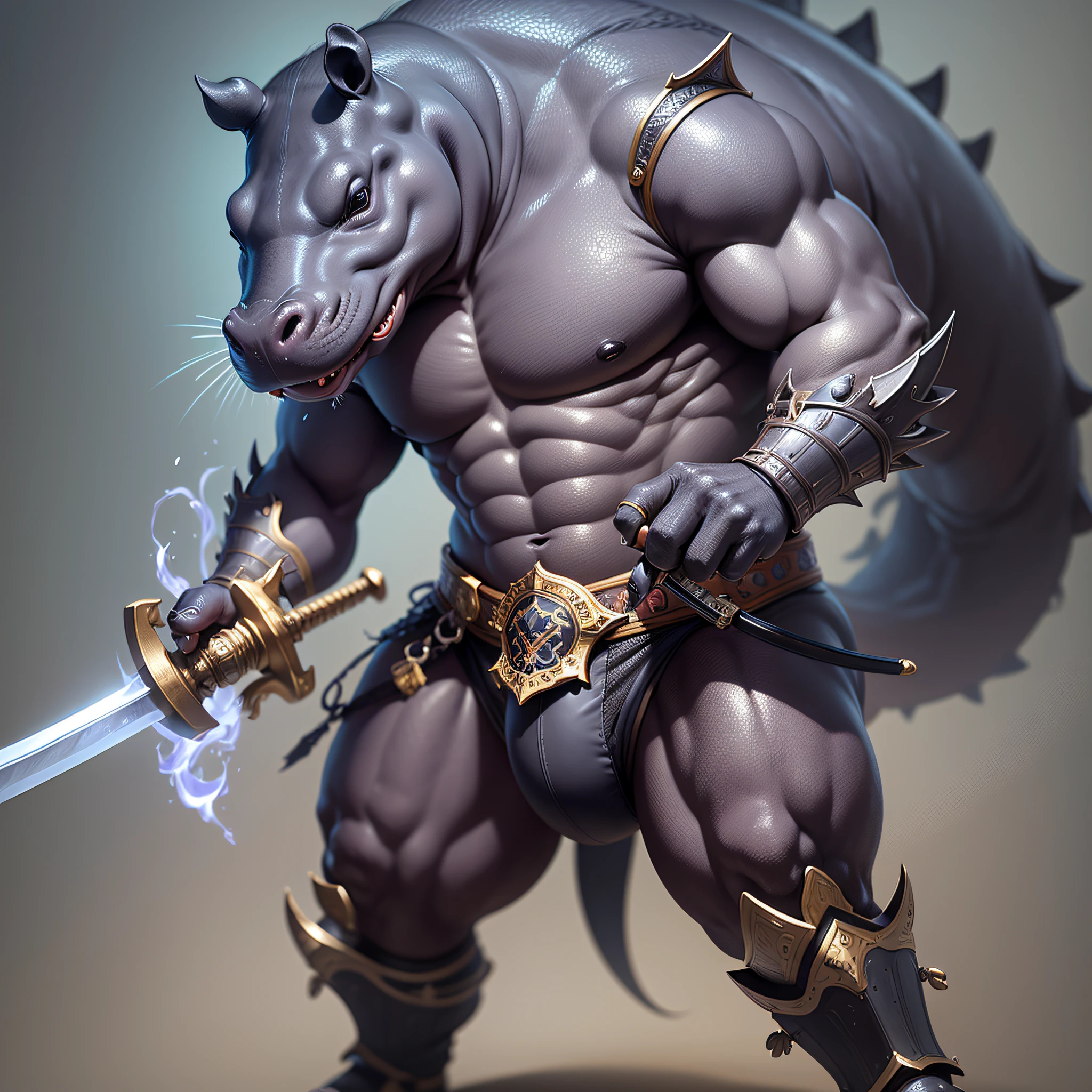 Masterpiece of cute creatures, very detailed, hippopotamus samurai, holding a sword, close-up, 8k, full body, Unreal Engine, fantasy creatures, --auto --v 6 --s2