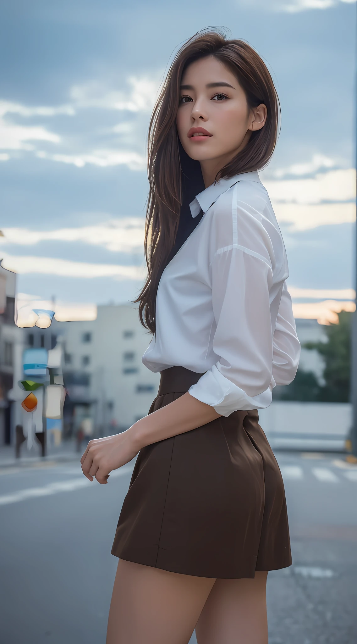 ((Realistic lighting, Best quality, 8K, Masterpiece: 1.3)), Focus: 1.2, 1girl, Perfect Figure: 1.4, ((Dark brown hair)), (White shirt, White skirt: 1.4), (Outdoor, evening: 1.1), Cloudy, City Street, Looking Back from the side, Super Fine Face, Fine Eyes, Double Eyelids