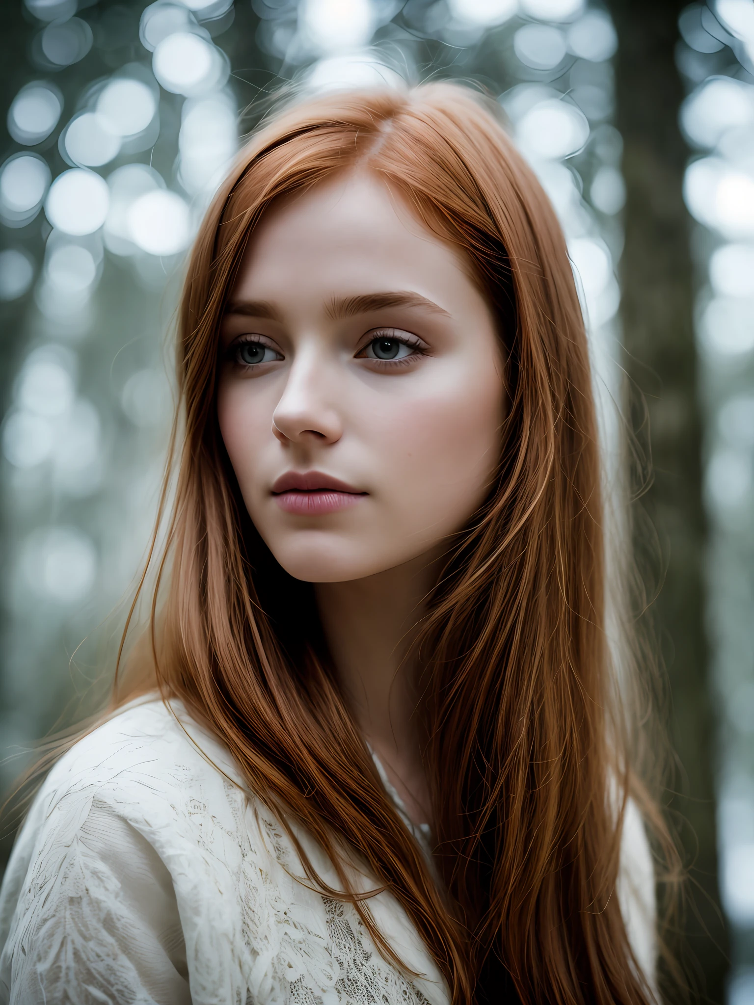 close up of a european woman, ginger hair, winter forest, natural skin texture, 24mm, 4k textures, soft cinematic light, RAW photo, photorealism, photorealistic, intricate, elegant, highly detailed, sharp focus, ((((cinematic look)))), soothing tones, insane details, intricate details, hyperdetailed, low contrast, soft cinematic light, dim colors, exposure blend, hdr, faded