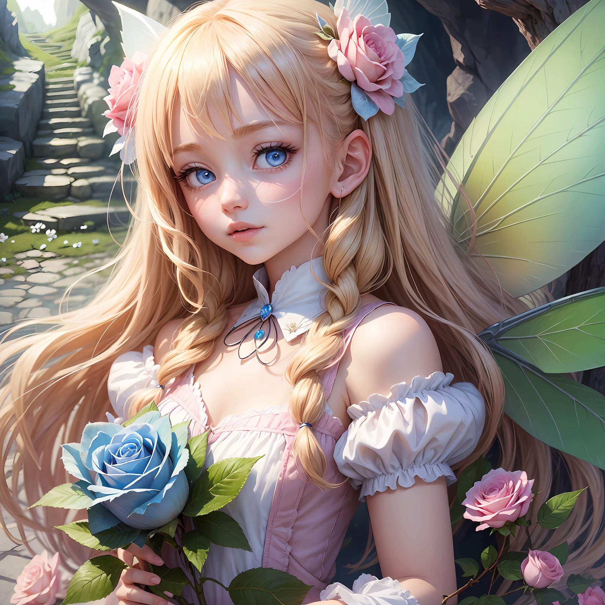 Imagine the drawing of a fairy with blonde hair dressed pink and blue eyes with her wings and holding a white rose. She must look like a 5--old l. In the background of the image there is the entrance to a cave --auto --s2