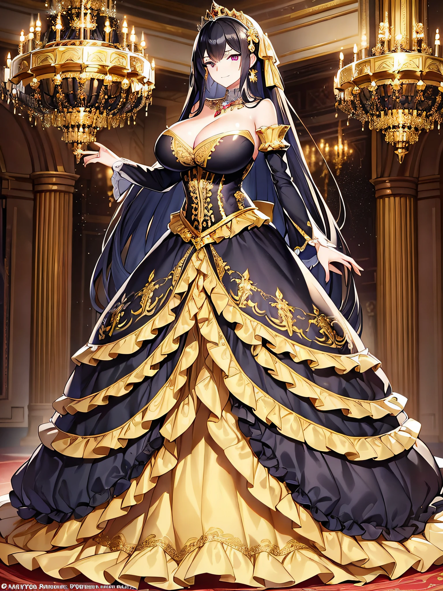 ((anime moe artstyle)),(((Masterpiece))), ((Best Quality)), ((Super Detail)), (Illustration), (((Very Delicate and Beautiful))),Dynamic Angle,Looking at viewer,((((Solo)))),((1 arrogant lady)),(a beautiful fantasy arrogant empress),(((Full body))),Standing,royal elegant pose,((dominant pose)),(arrogant),((haughty smile)),Purple eyes,(Sharp eyes),Detailed Face, Long Eyelashes,(Jet Black Hair),(Straight Hair),(((Very Long Hair))),Bangs between eyes, ((((gigantic breasts)))),cleavage,(skindentation),curvy,(rococo ball gown with gorgeous embroidered black and gold ruffles),(gorgeous embroidered black and gold ruffled rococo ball gown),(fluffy Black and gold ballgown with gorgeous embroidery),corset,((hoop skirt)),princess dress with lots of jewels,((gorgeous embroidery)),(gold trim),((crinoline)),opera gloves,finely decorated jeweled tiara, gem earrings,finely decorated necklace,Beautifully jeweled ornaments,indoor,royal ballroom,light particles,