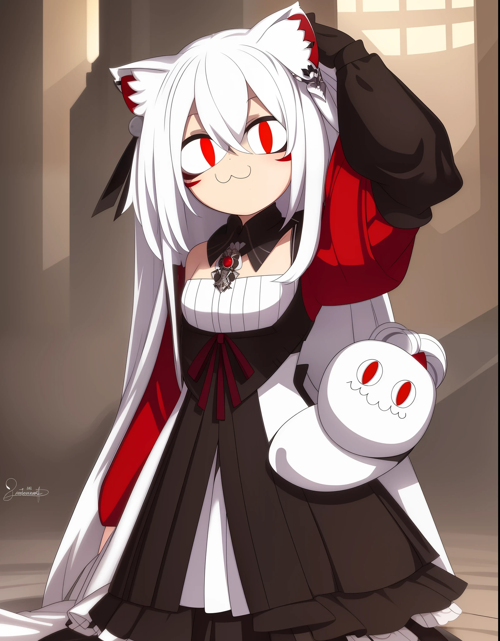 masterpiece, :3, best quality, full body, 1girl, chibi, slit pupils, white hair and a white mask, catgirl, red pupils, leaf hair, black coat, connected tail matching hair color, kind looking face, powerful