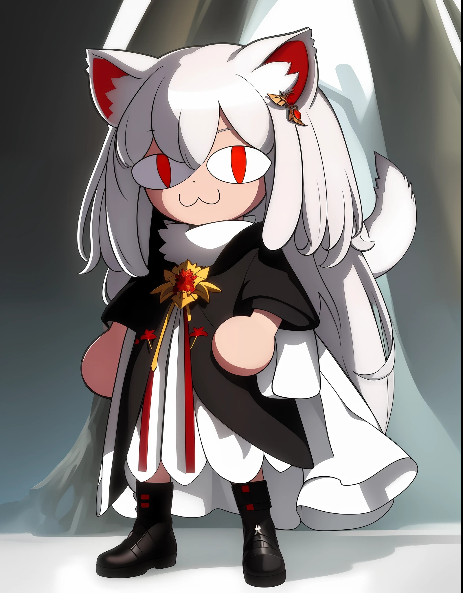 masterpiece, :3, best quality, full body, 1girl, chibi, slit pupils, white hair and a white mask, catgirl, red pupils, leaf hair, black coat, connected tail matching hair color, kind looking face, powerful