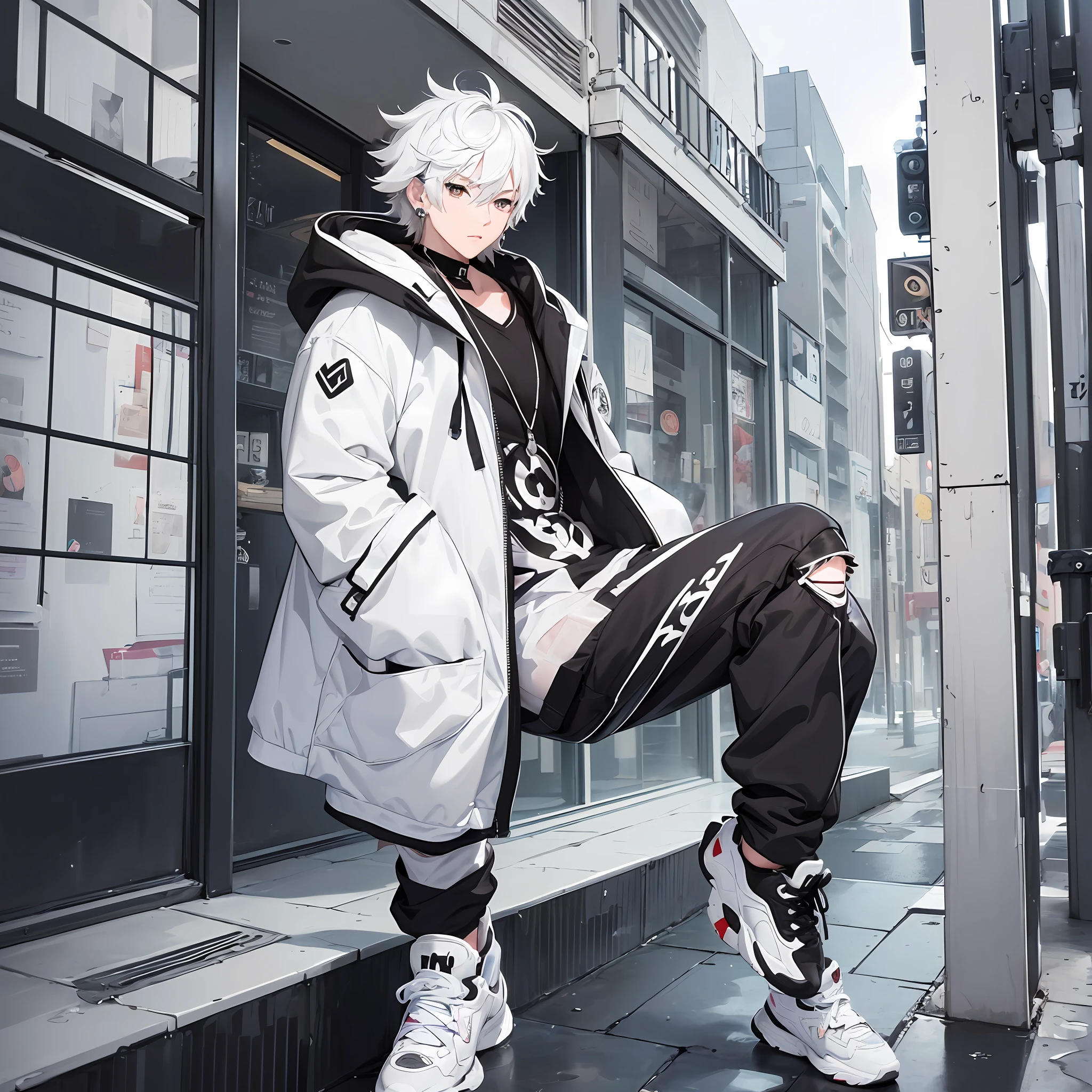 (8k, high quality), (((anime-style male character)))), black eyes, short hair, white hair, ((messy hair)), athletic body, hooded clothes, white clothes, black pants, black shoe with white details, black color gloves, modern style black color watches, (((earrings only on the right ear)))), (((full body))) --auto --s2