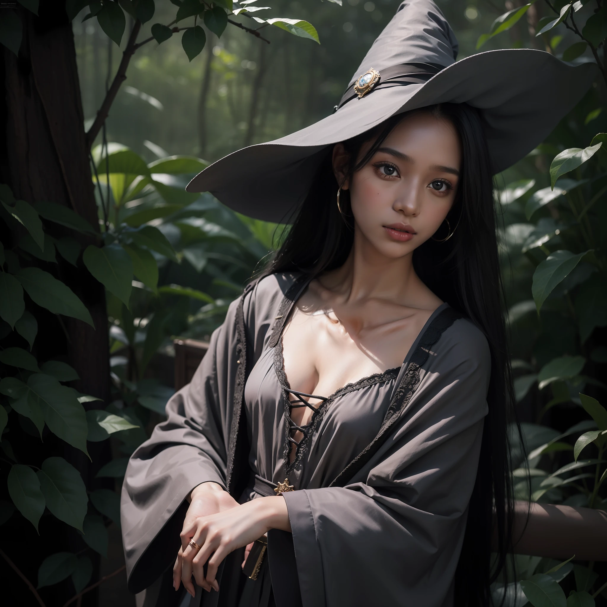 aiyana lewis, pretty only 1girl, long black hair, wizard clothes, witch, dark skinned, upper body, innocent eyes, masterpiece, hd, ultradetailed, realist, impressionalism, hyperrealisic, real, hd, magical, grey at background