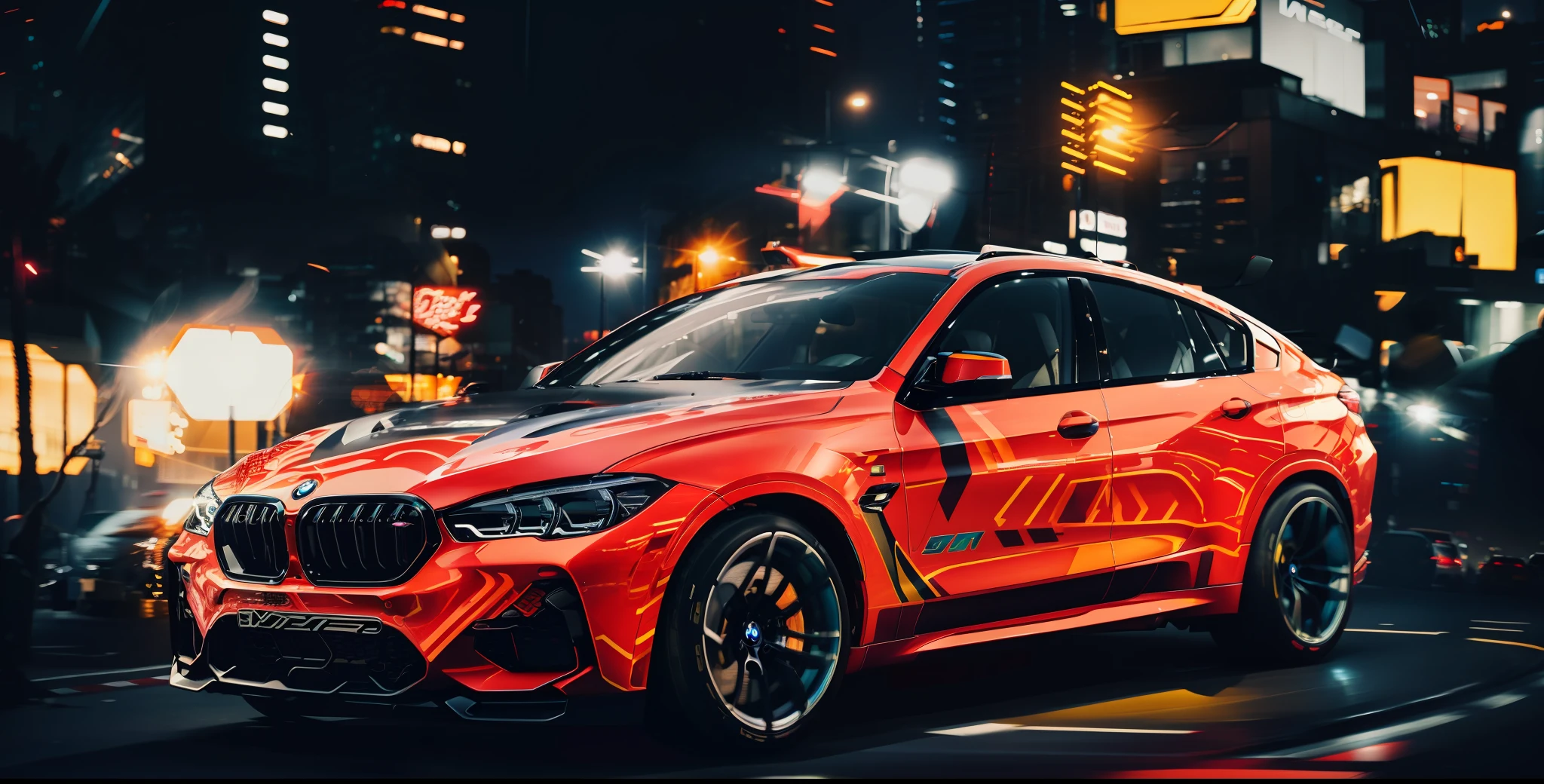 BMW X6M COMPETITION car in a neon city, high quality photography, sharp focus, bokeh, ligthing effects --auto --s2