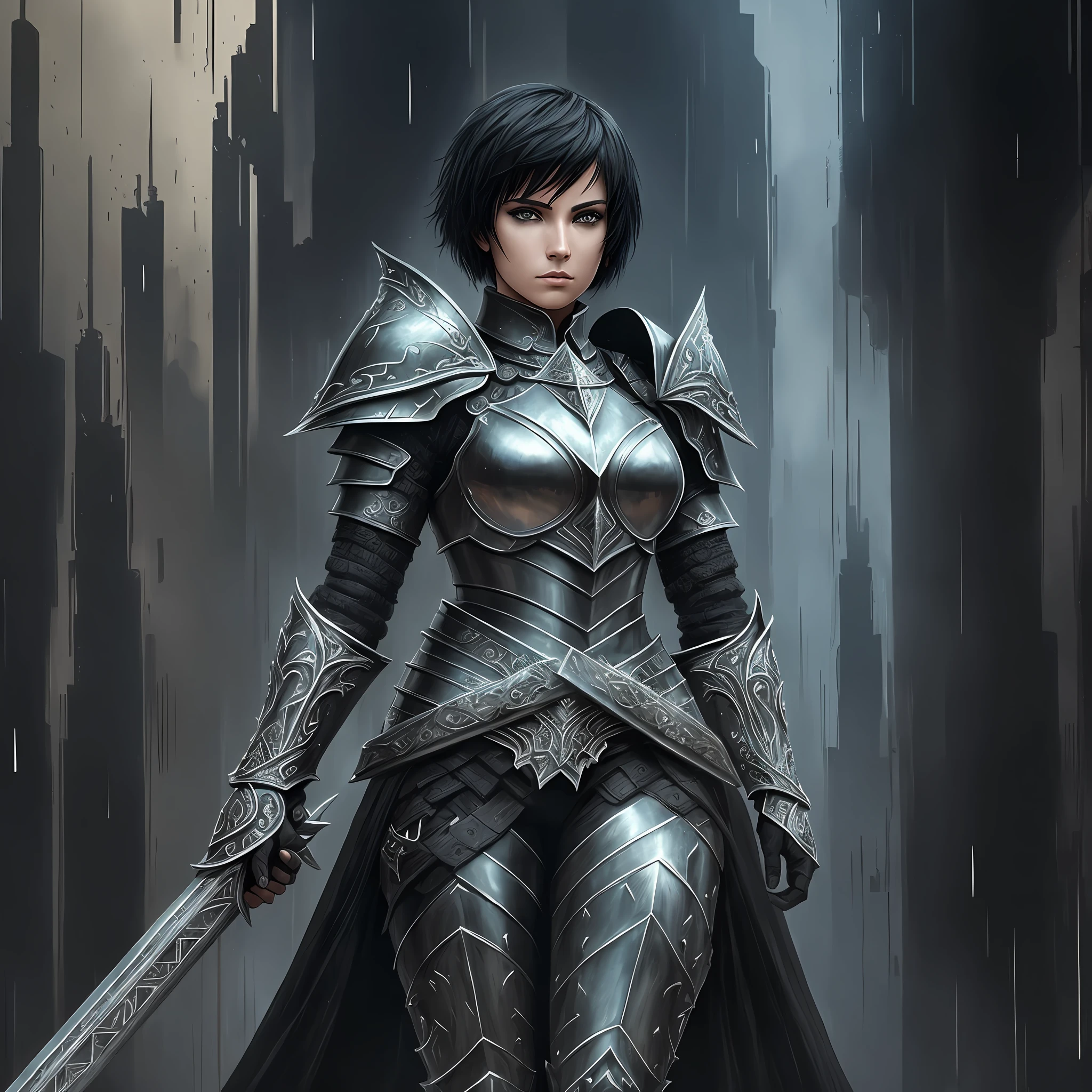 dark fantasy warrior in armor, in the style of androgynous conceptual art, black graffiti, monumental sets, crossed armor, christian warrior, joan of arc, woman with short black hair, intricate details, painting \(work of art\), ((masterpiece, best quality)), ((cinematic light)), dark fantasy, detailed armor, beautiful detailed eyes, hybrid, open, rainy day, full body