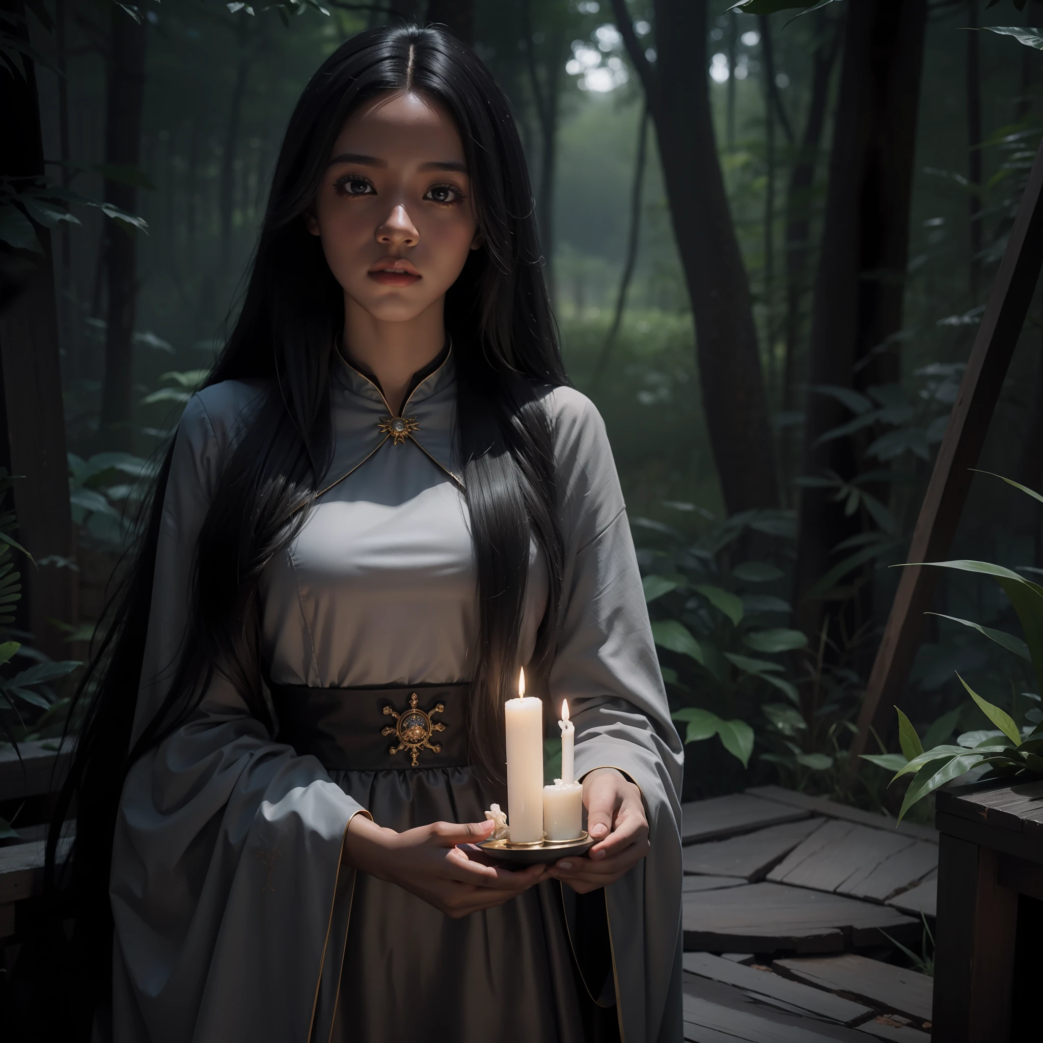 aiyana lewis, pretty only 1girl, long black hair, wizard clothes, witch, dark skinned, upper body, innocent eyes, masterpiece, hd, ultradetailed, realist, impressionalism, hyperrealisic, real, hd, magical, grey at background