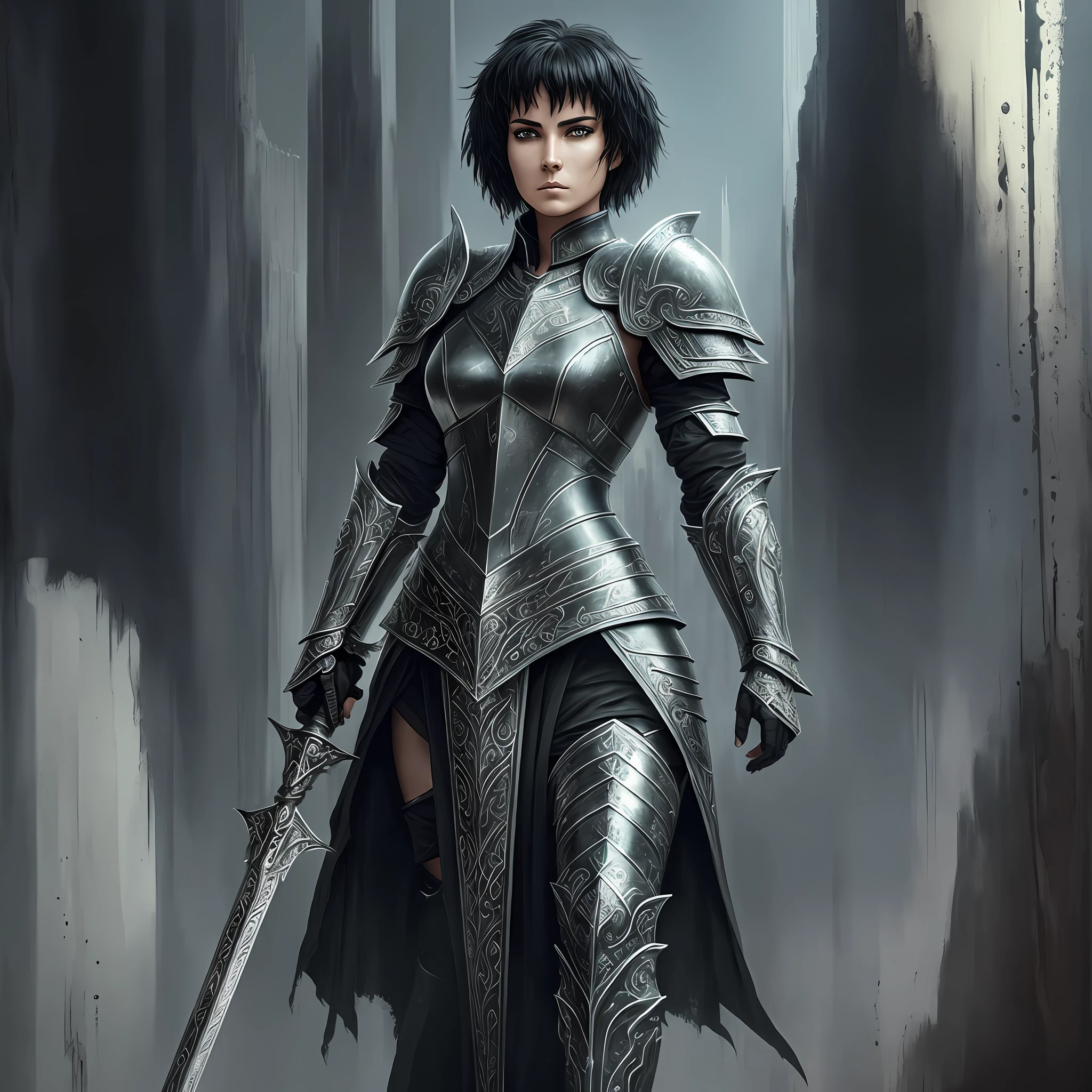 dark fantasy warrior in armor, in the style of androgynous conceptual art, black graffiti, monumental sets, crossed armor, christian warrior, joan of arc, woman with short black hair, intricate details, painting \(work of art\), ((masterpiece, best quality)), ((cinematic light)), dark fantasy, detailed armor, beautiful detailed eyes, hybrid, open, rainy day, full body