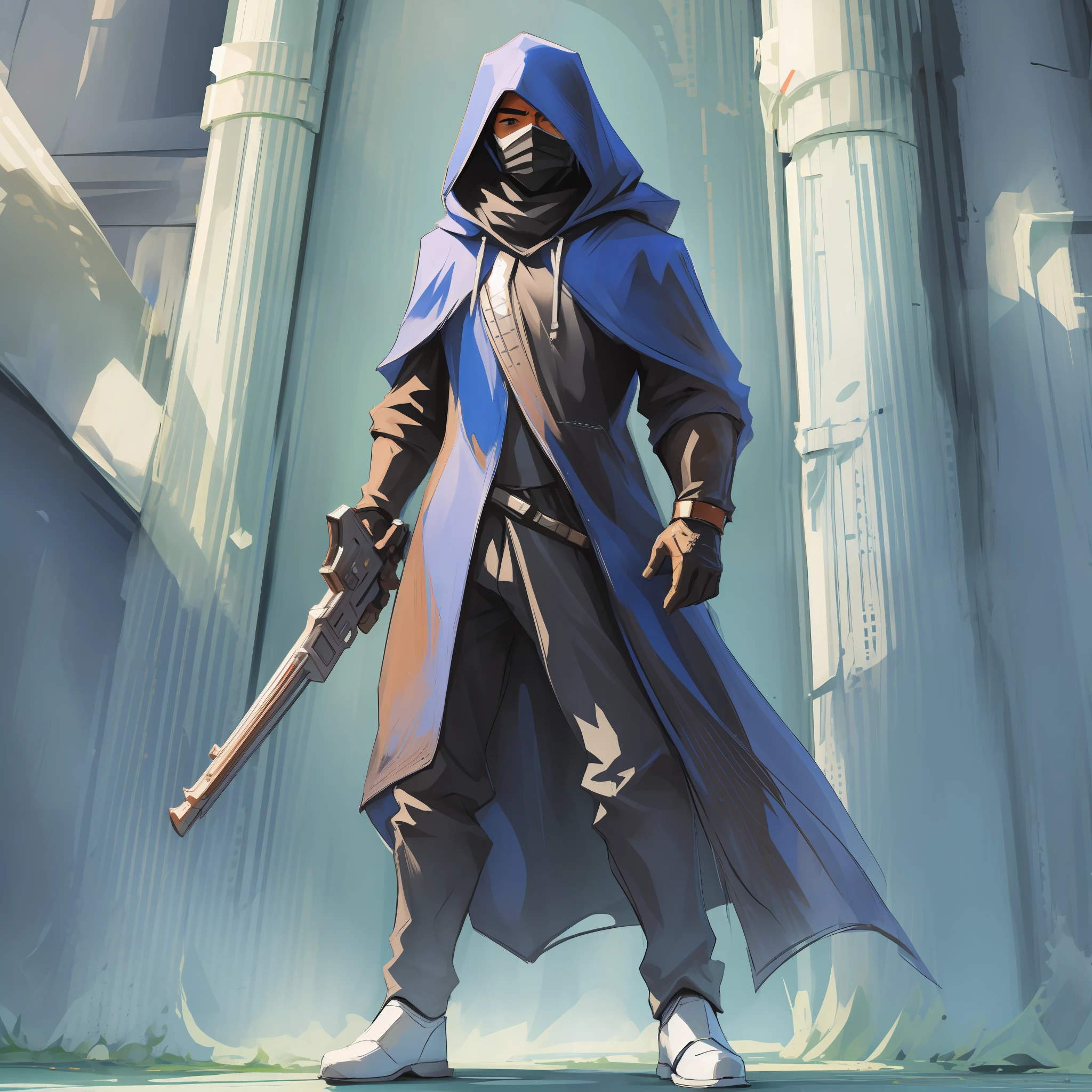 (Masterpiece, Best Quality, Highres:1.4), full body of male faceless hooded, full ornate mask, gunslinger, scene
