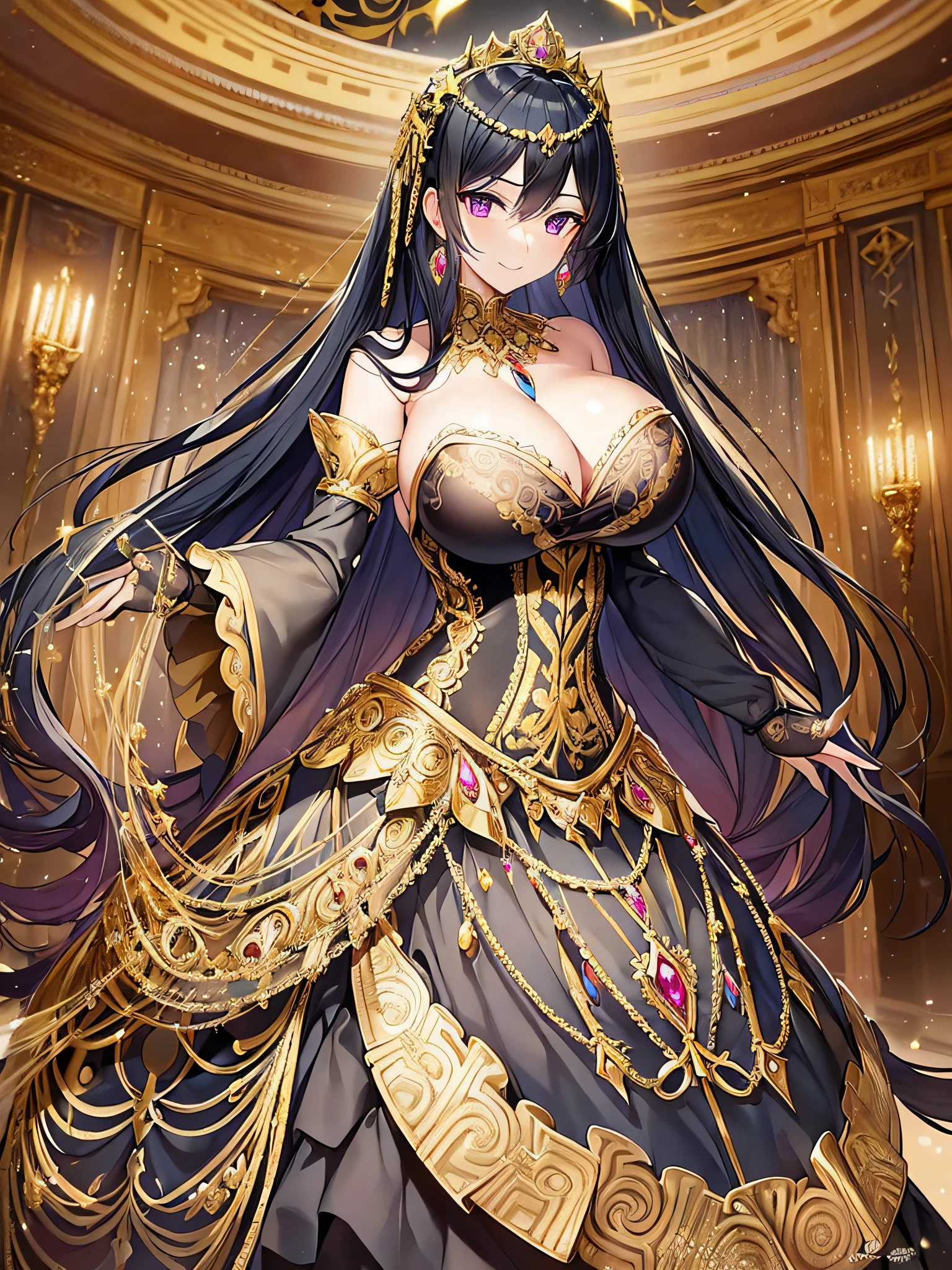 ((anime moe artstyle)),(((Masterpiece))), ((Best Quality)), ((Super Detail)), (Illustration), (((Very Delicate and Beautiful))),Dynamic Angle,Looking at viewer,((((Solo)))),((1 arrogant lady)),(a beautiful fantasy arrogant empress),(((Full body))),Standing,royal elegant pose,((dominant pose)),(arrogant),((haughty smile)),Purple eyes,(Sharp eyes),Detailed Face, Long Eyelashes,(Jet Black Hair),(Straight Hair),(((Very Long Hair))),Bangs between eyes, ((((gigantic breasts)))),cleavage,(skindentation),curvy,(rococo ball gown with gorgeous embroidered black and gold ruffles),(gorgeous embroidered black and gold rococo ball gown),(fluffy Black and gold ballgown with gorgeous embroidery),corset,((hoop skirt)),princess dress with lots of jewels,((gorgeous embroidery)),(gold trim),((crinoline)),opera gloves,finely decorated jeweled tiara, gem earrings,finely decorated necklace,Beautifully jeweled ornaments,indoor,royal ballroom,light particles,