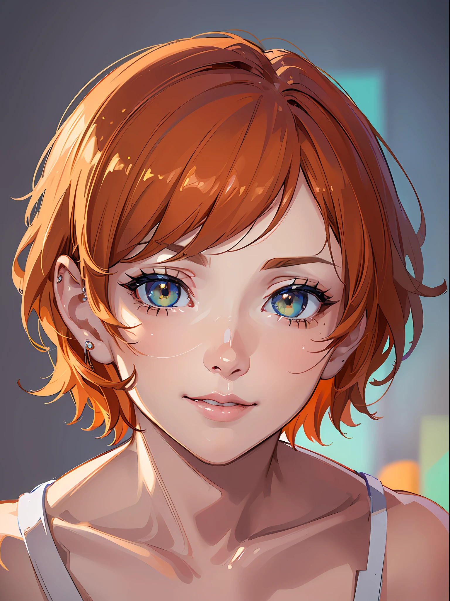 (ultra high res,photorealistic,realistic,best quality,photo-realistic), (((high detailed skin,visible pores))),(real person,photograph), (8k, raw photo, best quality, masterpiece),(1 cute girl),(bob cut), (short orange hair), (cat ear), (green eyes), (orange tail),automatic white balance,(((face close-up,haunting smile,moist lips,short hair))), ((((looking at viewer)))),((((skinny))))