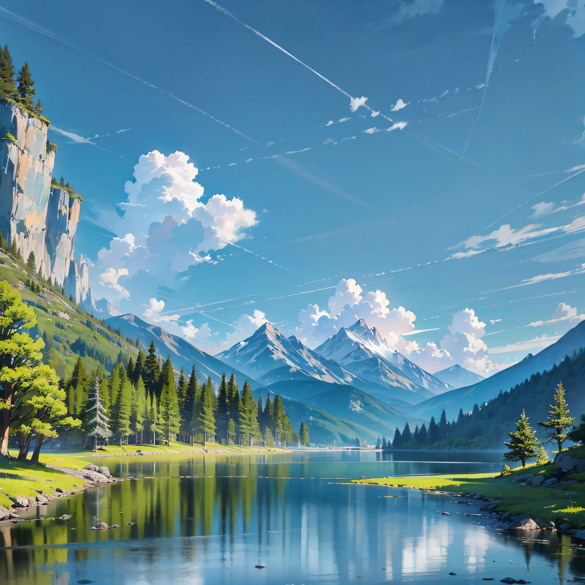 Create an image of a grandiose and detailed natural landscape, with majestic mountains in the background and a large clear lake in the foreground. Green trees line the lake, with a small waterfall in one corner. The sky is bright with white clouds and a bright sun that creates a play of light on the water. The landscape must be hyper realistic, with meticulous details and natural colors --auto --s2
