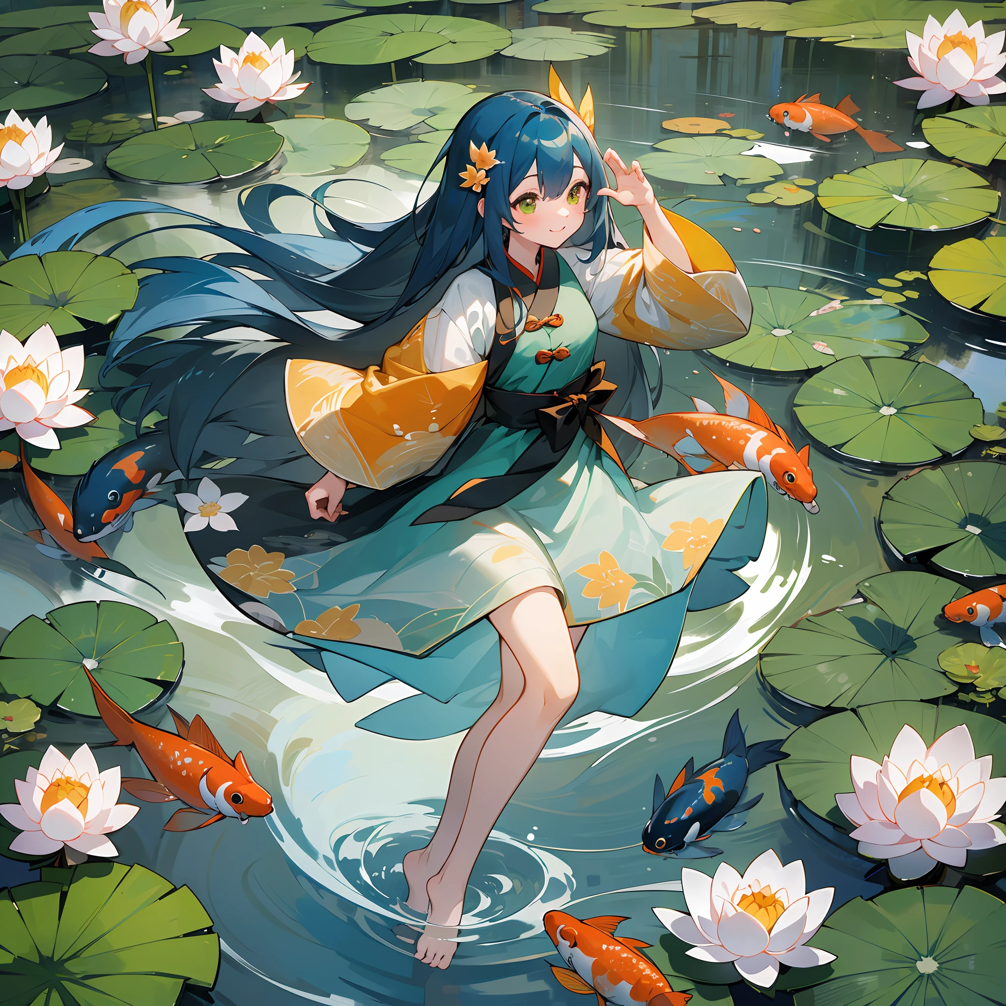 shuimobysim, Chinese painting, lotus,, maxiskit, dress conservative 1girl, long blue hair, smile, standing, feet in water, barefoot, brightly colored 3koi fishsolo, swimming, in water, jumping, green 2rice dumpling, in water, sinking --auto --s2