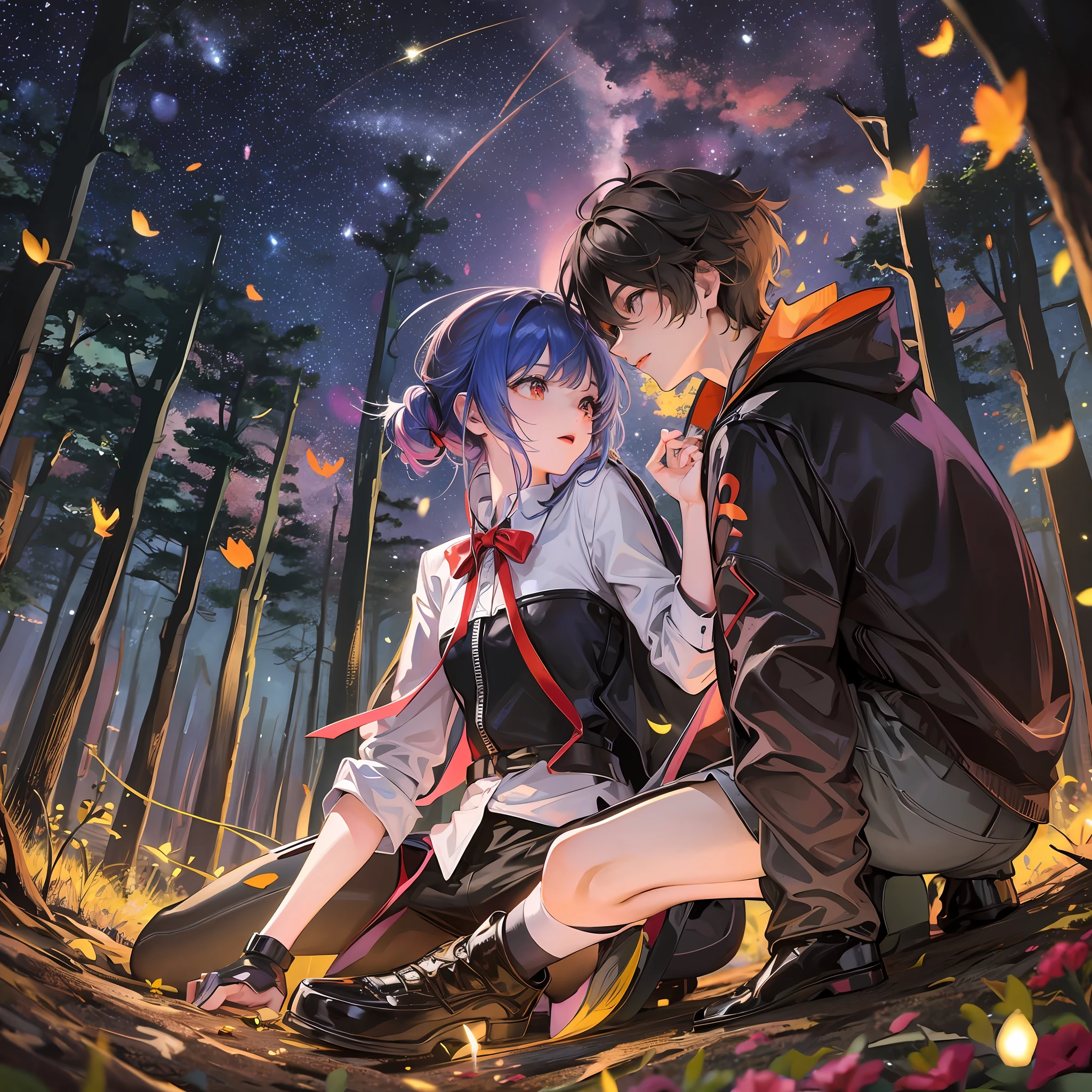 3d anime couple in the woods surrounded by fireflies under starry sky --auto --s2
