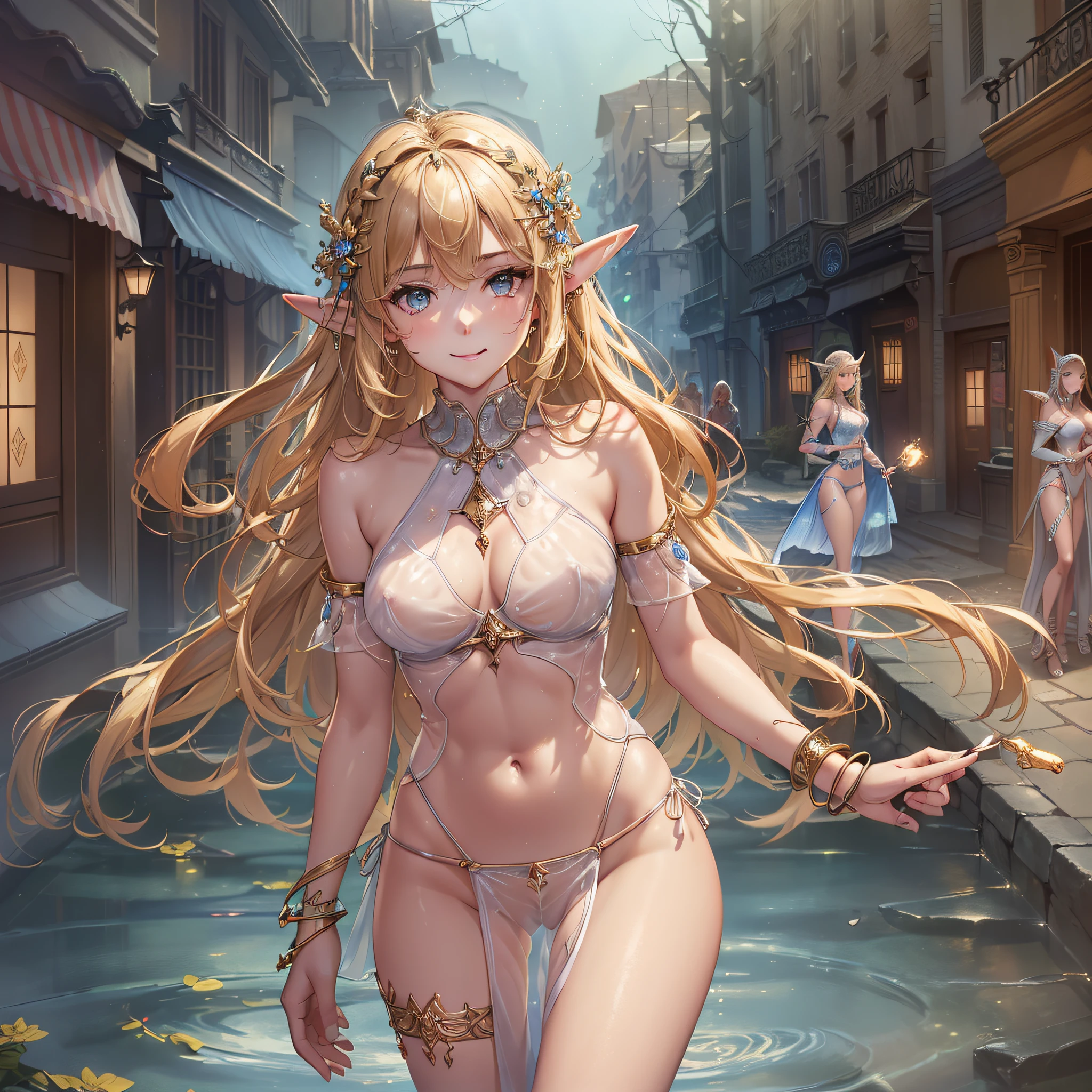 2D illustration, anime-style, (((1 person, close-up of a person, looking up at a person from below)), (cute pose))), (smiling), looking at the camera, ((13-year-old beautiful girl)))), elf, blonde, long hair, blue eyes, long ears, hair ornament, slender body, (almost naked))), (Ancient Greek robe of colorless transparent fabric with minimal cloth area)))), (( Mostly exposed bust that is fully see-through)), ((fully see-through exposed hairless crotch meat mounds, crisp closed crotch crotch streaks)), (((colorless transparent fabric bra with minimal cloth area)), ((colorless transparent fabric panties with minimal cloth area)), wet body, wet clothing, collars, bangles, anklets, sandals, equipped with a large magic wand, Magical representation of flashy light, floating hem, main street of ancient city, light on the surface of the water, (((Multiple elven women standing in the background)))