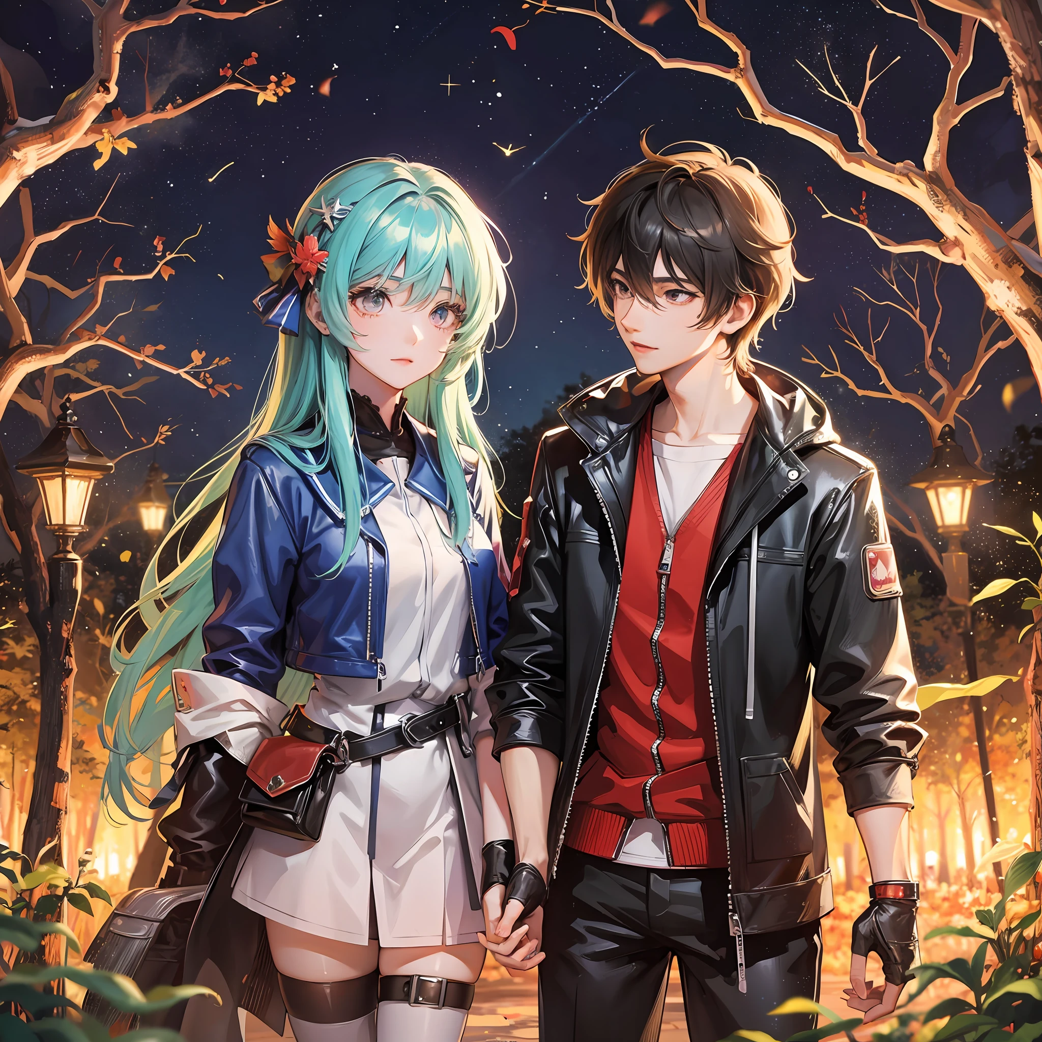 3d anime couple in the woods surrounded by fireflies under starry sky --auto --s2