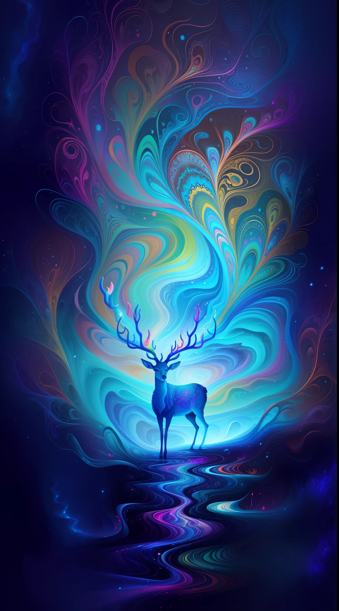 (Psychedelic painting of a deer standing in front of a colorful swirl), ((multiple antlers, stag, big head)), bright colors, thick lines, waves, multiple layers, foreground, perspective, fractal Thunder Dan Mumford , Dan Mumford and Alex Gray style, psychedelic surreal art, surreal psychedelic design, dream art style, illusion psychedelic art, infinite psychedelic waves, inspired by Cyril Rolando Rolando), realistic ripple structure, psychedelic art style, psychedelic art, psychedelic illustration -- V6