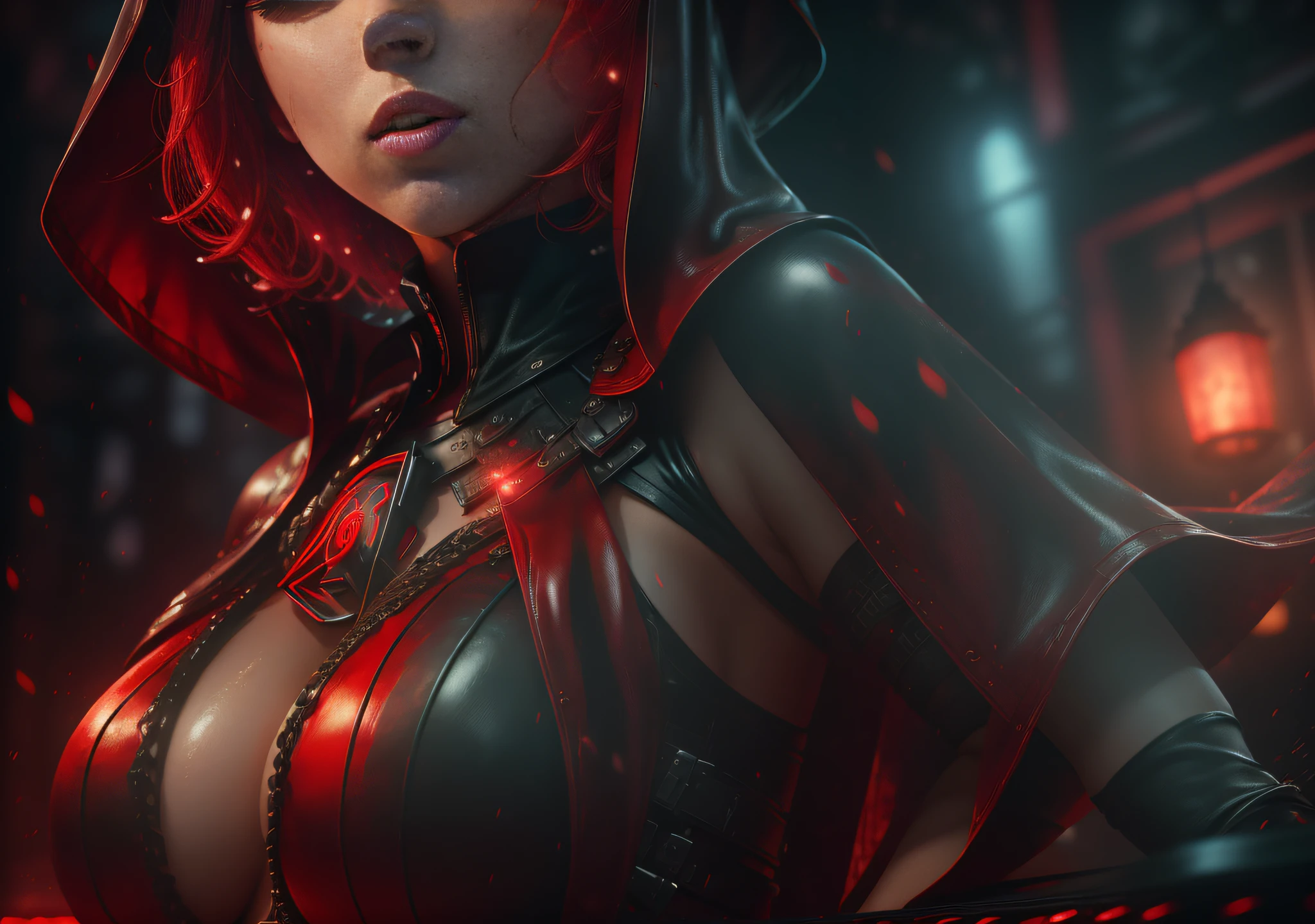 Scarlett Johansson DJ nun, close up, don't show their hands, leather nun clothes, hands down, correct hands, gorgeous body, huge breasts, gothic, realistic, sweaty, red liquid falling from her lips, she's a dj, shorts, in a disco full of zombies behind her, filmed in dslr, detailed face, cinematography, maximum detail, bright colors, red rain, hdr, shades of red, soft cinematic light, insane details, intricate details, masterpiece, wallpaper, (detailed), high quality, ((highly detailed skin, skin details)), sharp focus, 8K UHD. --auto --s2