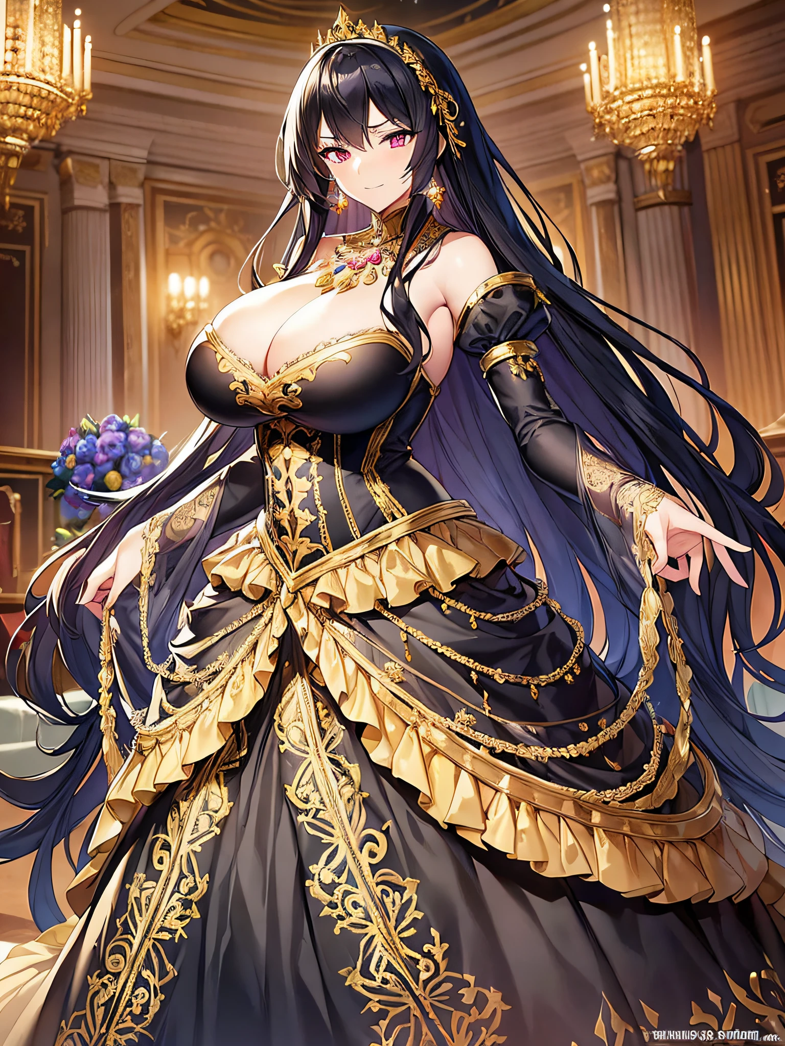 ((anime moe artstyle)),(((Masterpiece))), ((Best Quality)), ((Super Detail)), (Illustration), (((Very Delicate and Beautiful))),Dynamic Angle,Looking at viewer,((((Solo)))),((1 arrogant lady)),(a beautiful fantasy arrogant empress),(((Full body))),Standing,royal elegant pose,((dominant pose)),(arrogant),((haughty smile)),Purple eyes,(Sharp eyes),Detailed Face, Long Eyelashes,(Jet Black Hair),(Straight Hair),(((Very Long Hair))),Bangs between eyes, ((((gigantic breasts)))),cleavage,(skindentation),curvy,(ball gown with gorgeous embroidered black and gold ruffles),(gorgeous embroidered black and gold ball gown),(fluffy Black and gold ballgown with gorgeous embroidery),corset,((hoop skirt)),princess dress with lots of jewels,((gorgeous embroidery)),(gold trim),((crinoline)),opera gloves,finely decorated jeweled tiara, gem earrings,finely decorated necklace,Beautifully jeweled ornaments,indoor,royal ballroom,light particles,