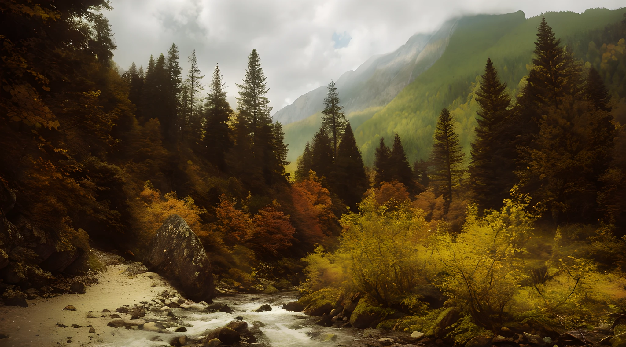 there is a stream running through a forest with a mountain in the background, mountains river trees, autumn mountains, forest and river, in a mountain valley, beginning of autumn, autumn rain turkel, majestic nature scenery, dramatic autumn landscape, rich picturesque colors, forest clearing landscape, forest scenery, river in a forest, autumn, forest landscape, forest and waterfall