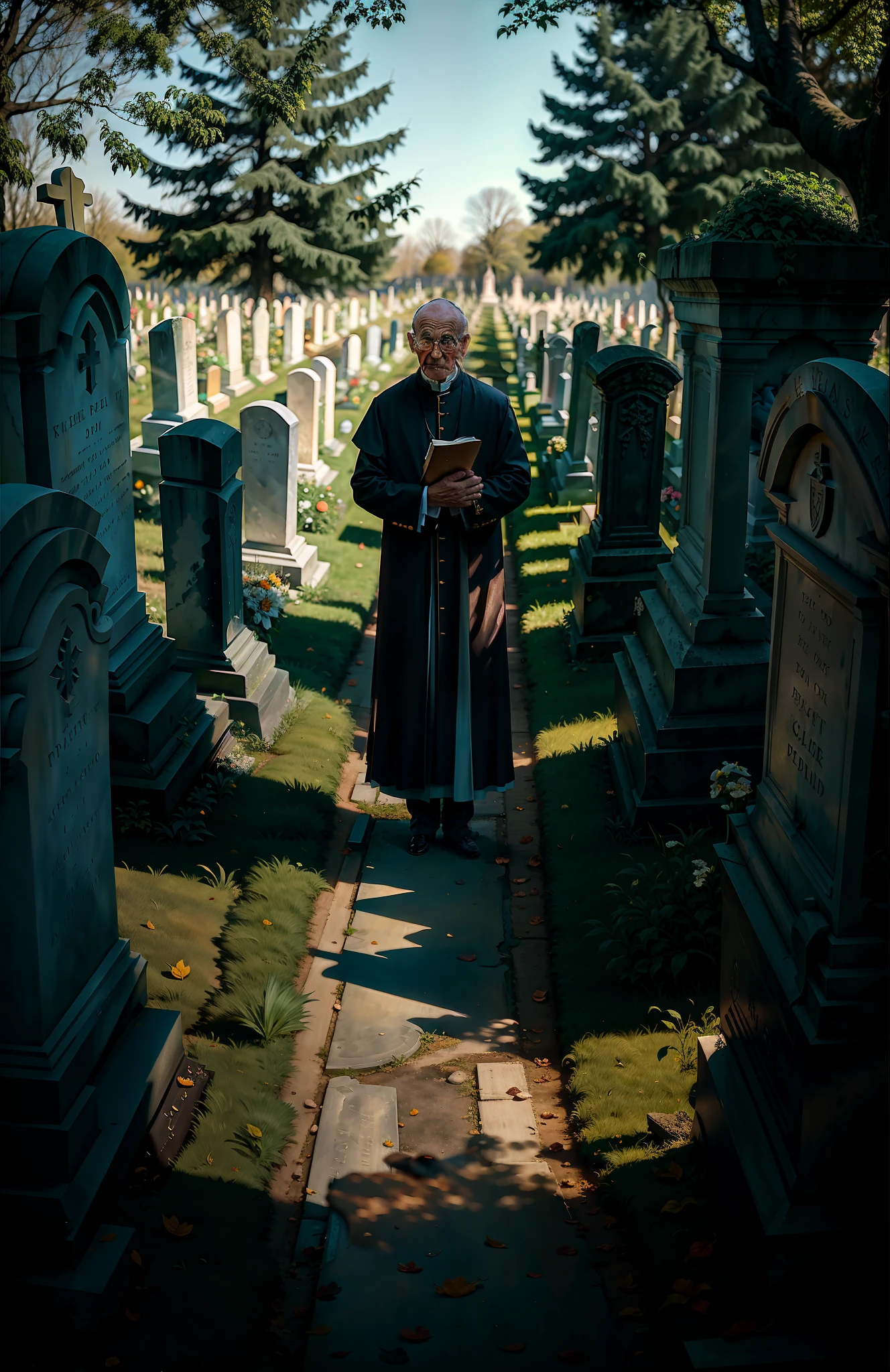 priest in a cemetery during the day see a boy