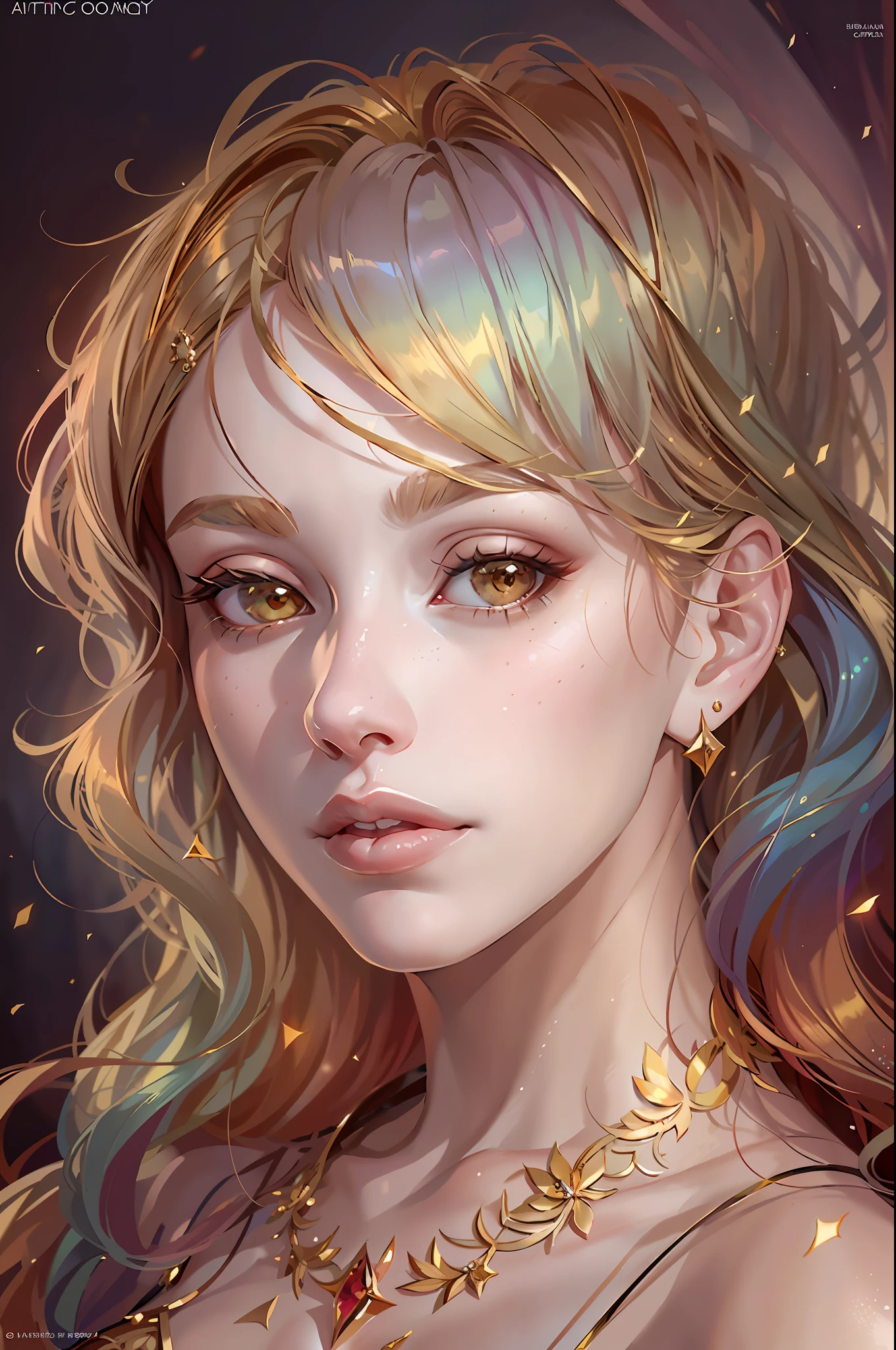 A woman with gold hair and diamonds and Ruby in her hair, beautiful fantastic art portrait, realistic portrait of a fairy, beautiful fantastic portrait
