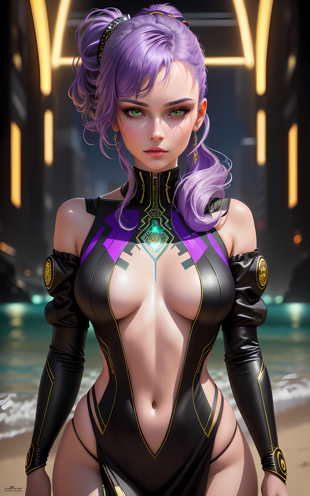 Alisa Freundlich, Alisa Shor, Alisa Kuzmina, Alisa Selezneva, portrait of exotic beautiful woman dressed in fashionable clothes on the beach, perfect detailed face, detailed symmetrical green eyes with round iris, realistic, stunning realistic photography, 3D rendering, octane rendering, intricate detailed, cinematic, Artstation trend, isometric, hyper-realistic center cover, stunning colors, hand-drawn, dark, Grainy, Fly, Klimt, Erté 12k, High Definition, Cinematic, Neoprene, Behance Contest Winner, Portrait Featured on Unsplash, Girl with Purple Hair Ponytail, Cyberpunk Style, Cyberpunk Lighting, Cyberpunk Vibes, H. r. Giger and Beksinski, very detailed, bright