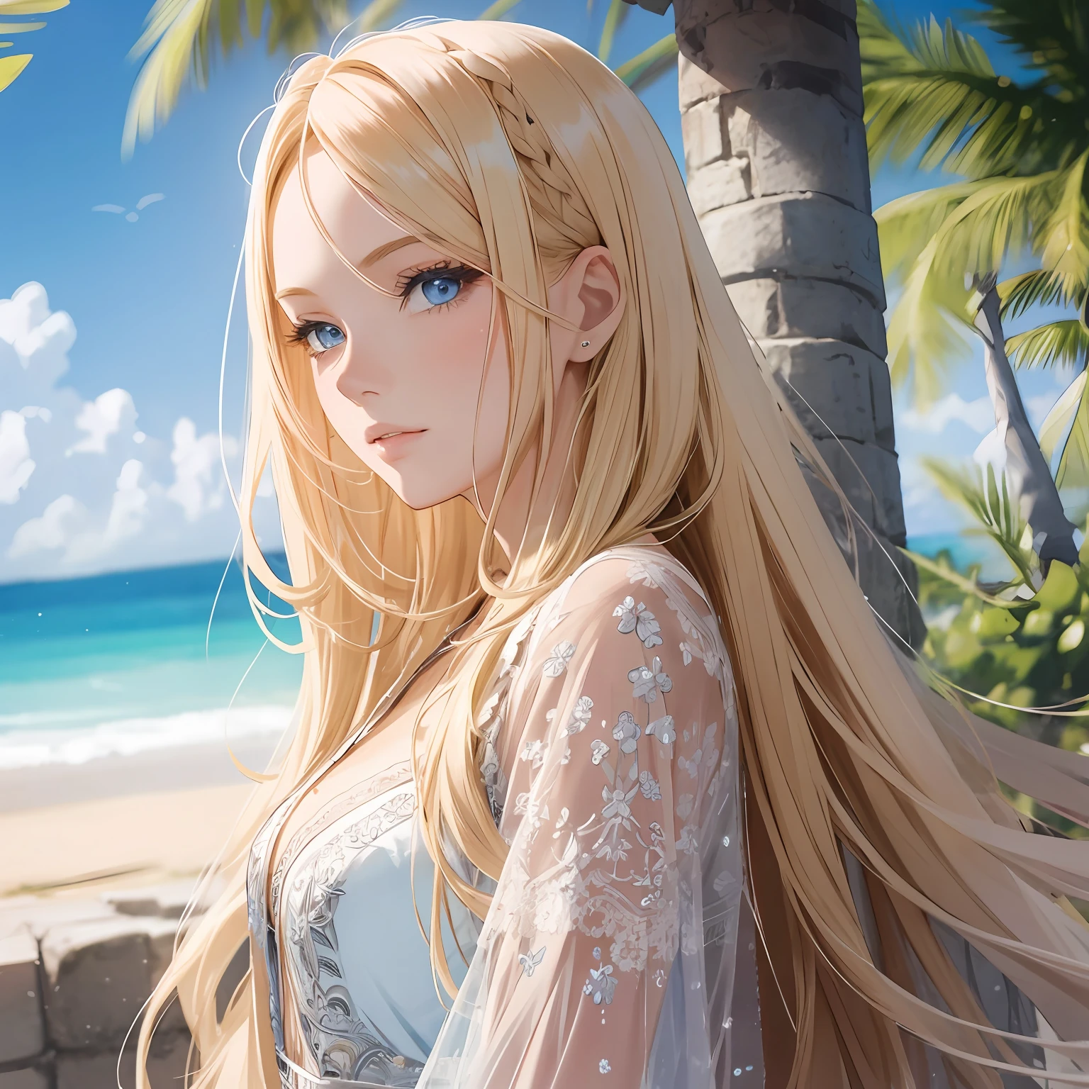 "Wonderful image with a beautiful girl with long blonde hair, blue eyes and fair skin in a stunning setting."