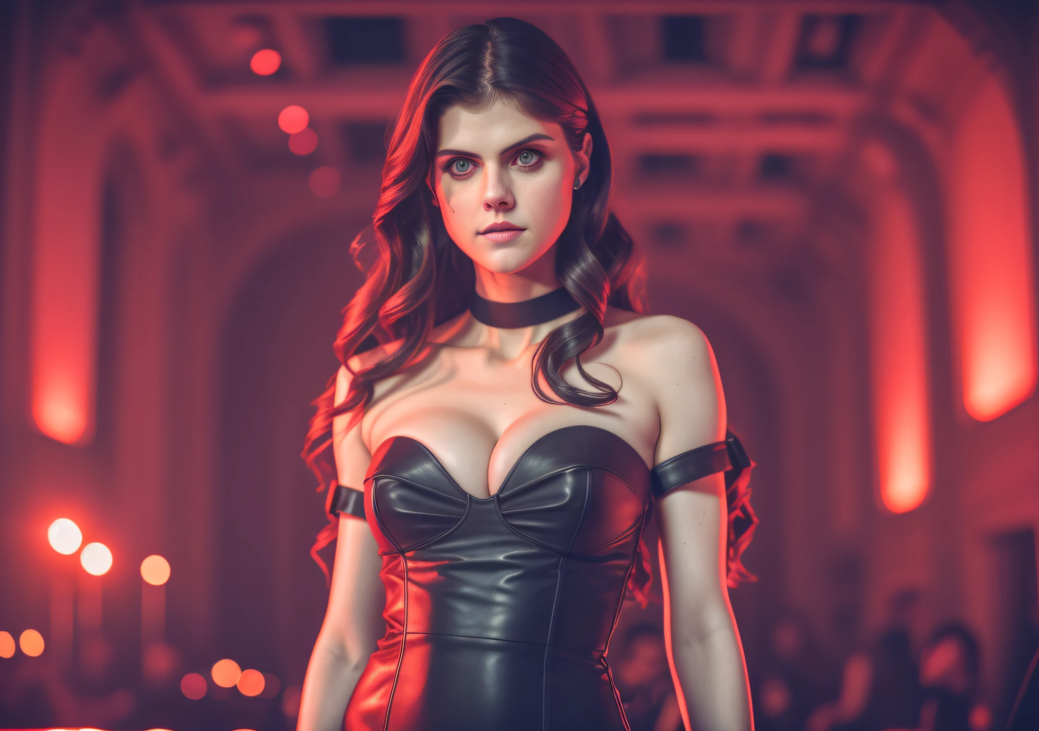 candid Alexandra Daddario, strapless dress, leather clothes, red rain, DJ, photo portrait RAW of a female zombies in a nightclub in a castle at night, 90's rave, nuns, vampires, best quality, (realistic, photo-realistic: 1.37), realistic, dungen, techno, red rain, huge breast, party, beautiful face, gorgeous, sexy, Fujifilm Fujichrome Provia 100F movie, flashlight, ultra realistic, 8K UHD. --auto --s2