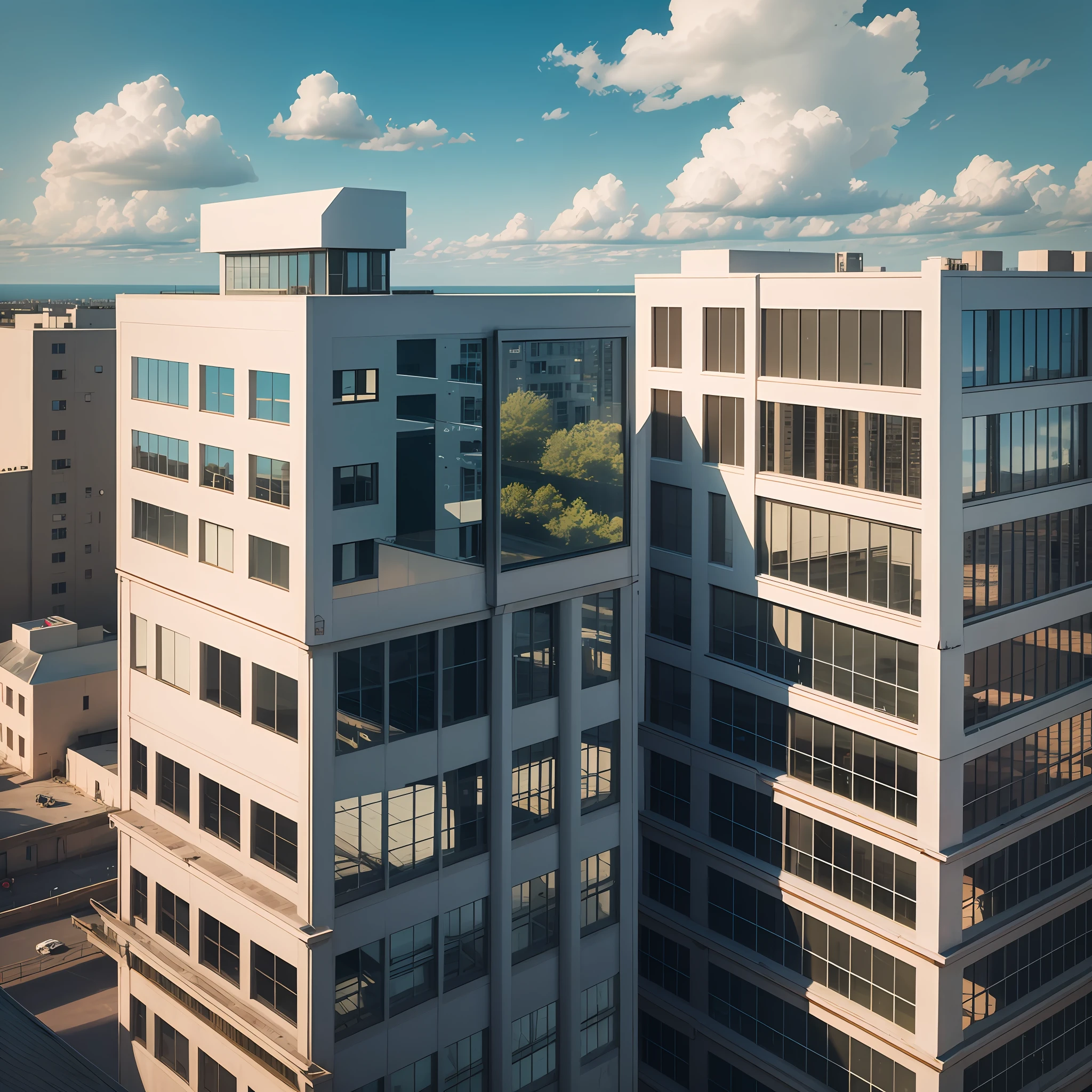 Create a realistic photo taken from a drone photographing a building with mirrored glass. The Drone cannot appear in the image, nor its reflection --auto --s2