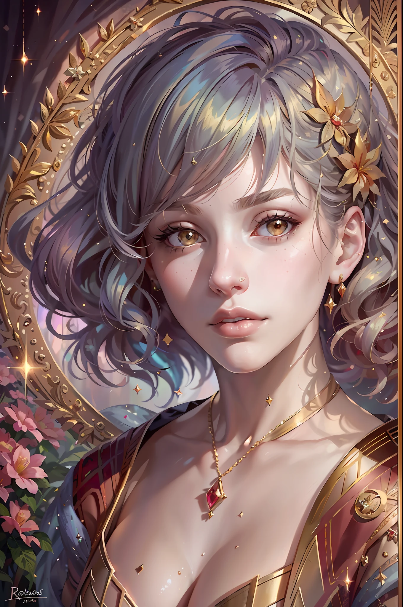 A woman with gold hair and diamonds and Ruby in her hair, beautiful fantastic art portrait, realistic portrait of a fairy, beautiful fantastic portrait