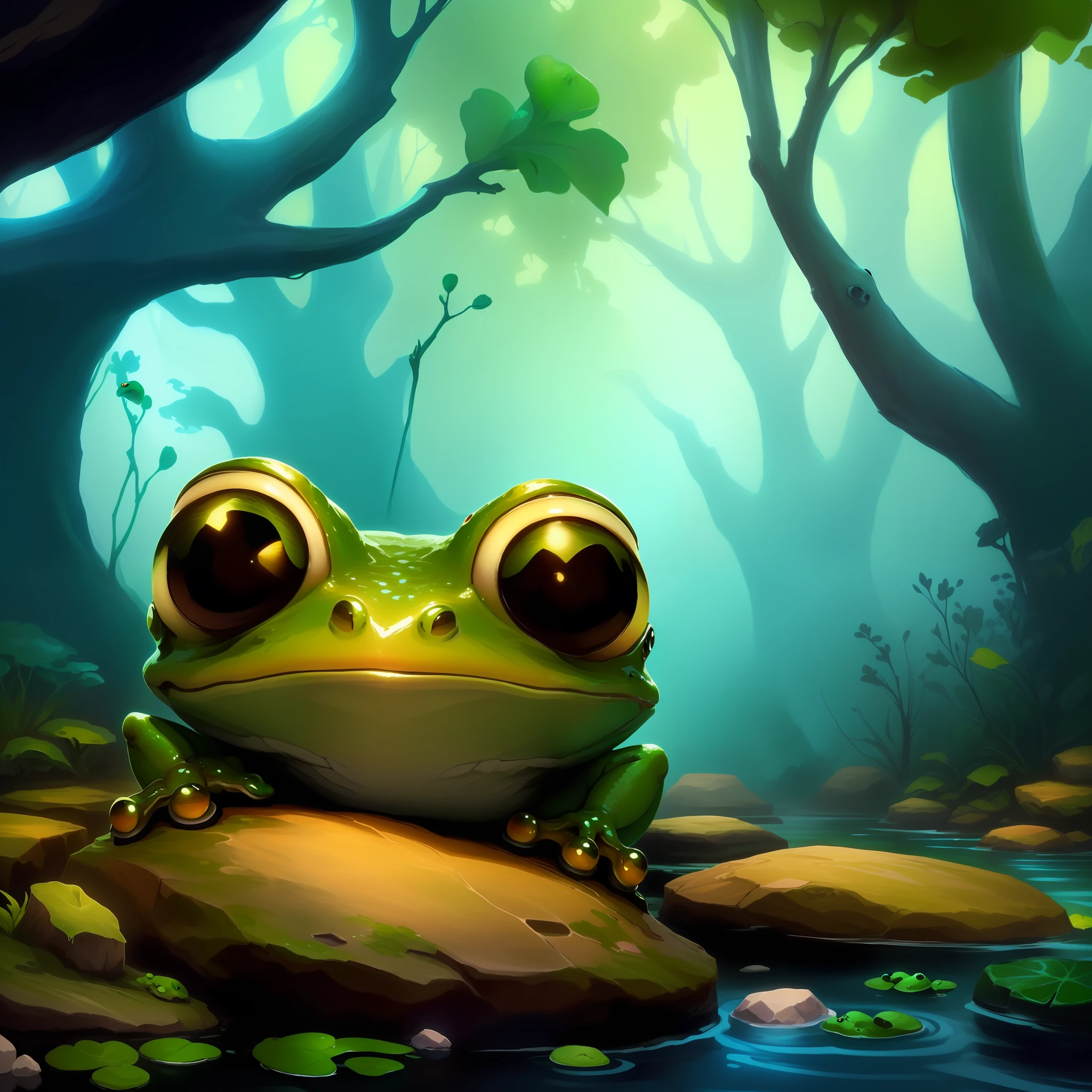 there is a frog that is sitting on a rock in the water, adorable digital painting, cute frog, cute detailed digital art, digital cartoon painting art, cute forest creature, cute digital art, frog, background artwork, cartoon digital painting, frog perspective, beautiful frog, froggy, high quality digital painting, digital painting highly detailed, alien frog, glossy digital painting