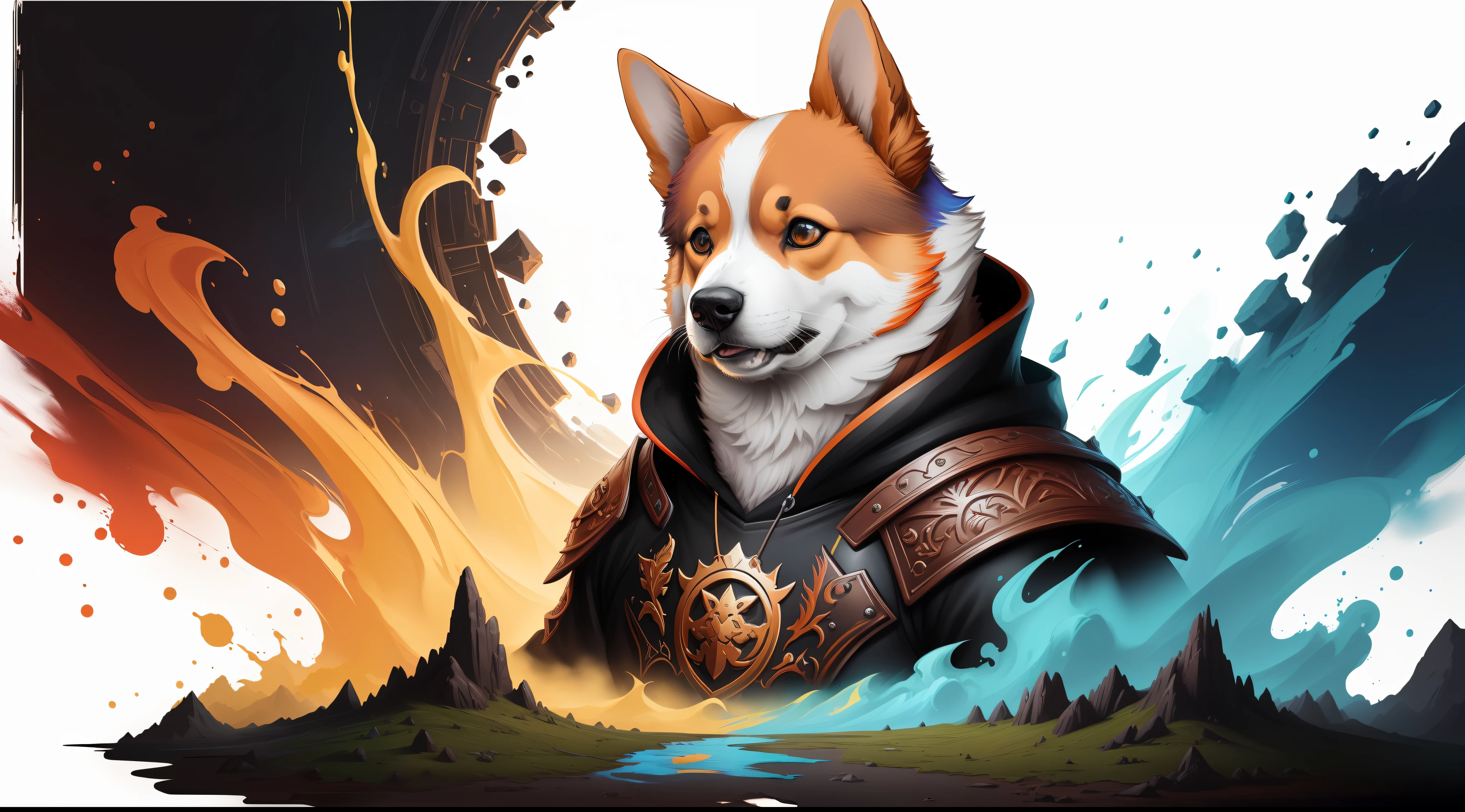 olpntng style, colorful rainbow realistic corgi dog head, animal mascot, T-shirt design, clean design, epic Instagram, artstation, splash of colorful paint, wlop , contour, ((white background)) , nice perfect face with soft skin , concept art portrait by greg rutkowski, artgerm, hyperdetailed intricately detailed gothic art trending on artstation triadic colors, unreal engine, fantastical, intricate detail, splash screen, complementary colors, fantasy concept art, 8k resolution, gothic deviantart masterpiece, oil painting, heavy strokes, paint dripping