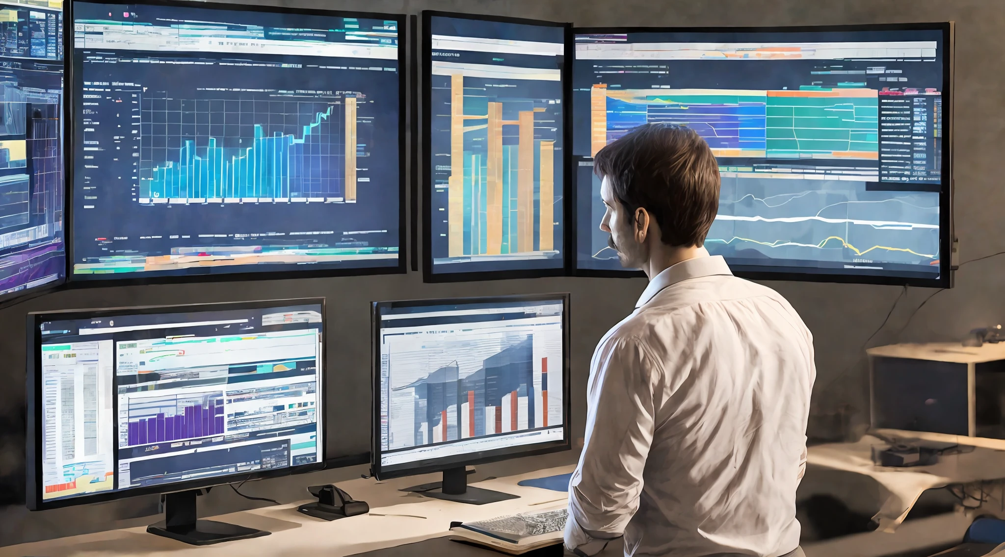 masterpiece, best illustration, solo, 1man, 40 year old man, little hair, standing, analyzing multiple screens,in a dark room, on screens being projected various financial analysis dashboard, \(\(intricate details\)\),\(\(best quality masterpiece\)\),4k, ultra detailed, detailed lighting, official art, promotional art