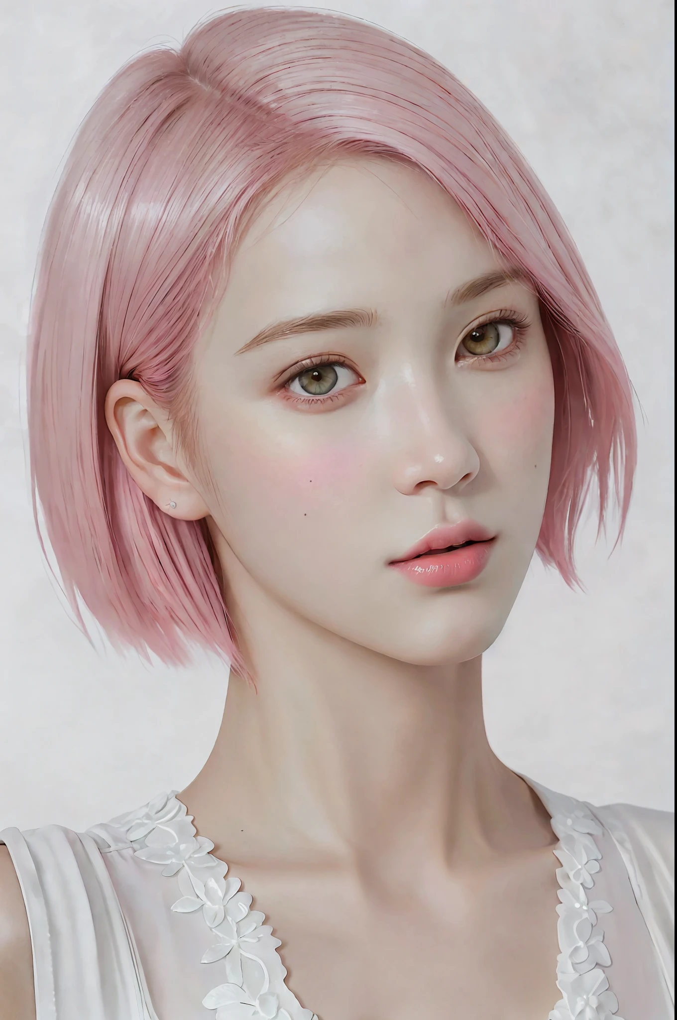 high quality,masterpiece,extremely detailed,high res,4k,ultra high res,detailed shadow,ultra realistic,realistic,dramatic lighting,1girl,solo,detailed face,realistic eyes,realistic skin,pink hair,dynamic pose, dynamic angle, white flowery dress, short hair cut,white background