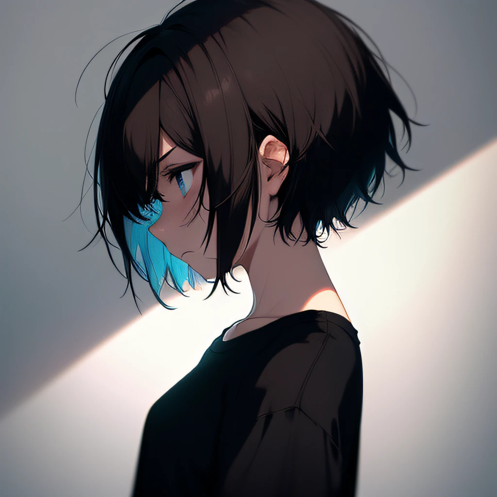 Beautiful girl, very detailed, clean, high-quality, sharp image, sad, depressed, cool colors, short hair, dark hair, black t-shirt, flat chest, close-up, profile picture, hopelessness, doom, sad atmosphere, simple background, good lighting, high quality, depression, apathyBeautiful girl, very detailed, clean, high-quality, sharp image, sad, depressed, cold colors, short hair, dark hair, black t-shirt, flat chest, close-up, profile picture, hopelessness, doom, sad atmosphere, simple background, good lighting, high quality, depression, apathy