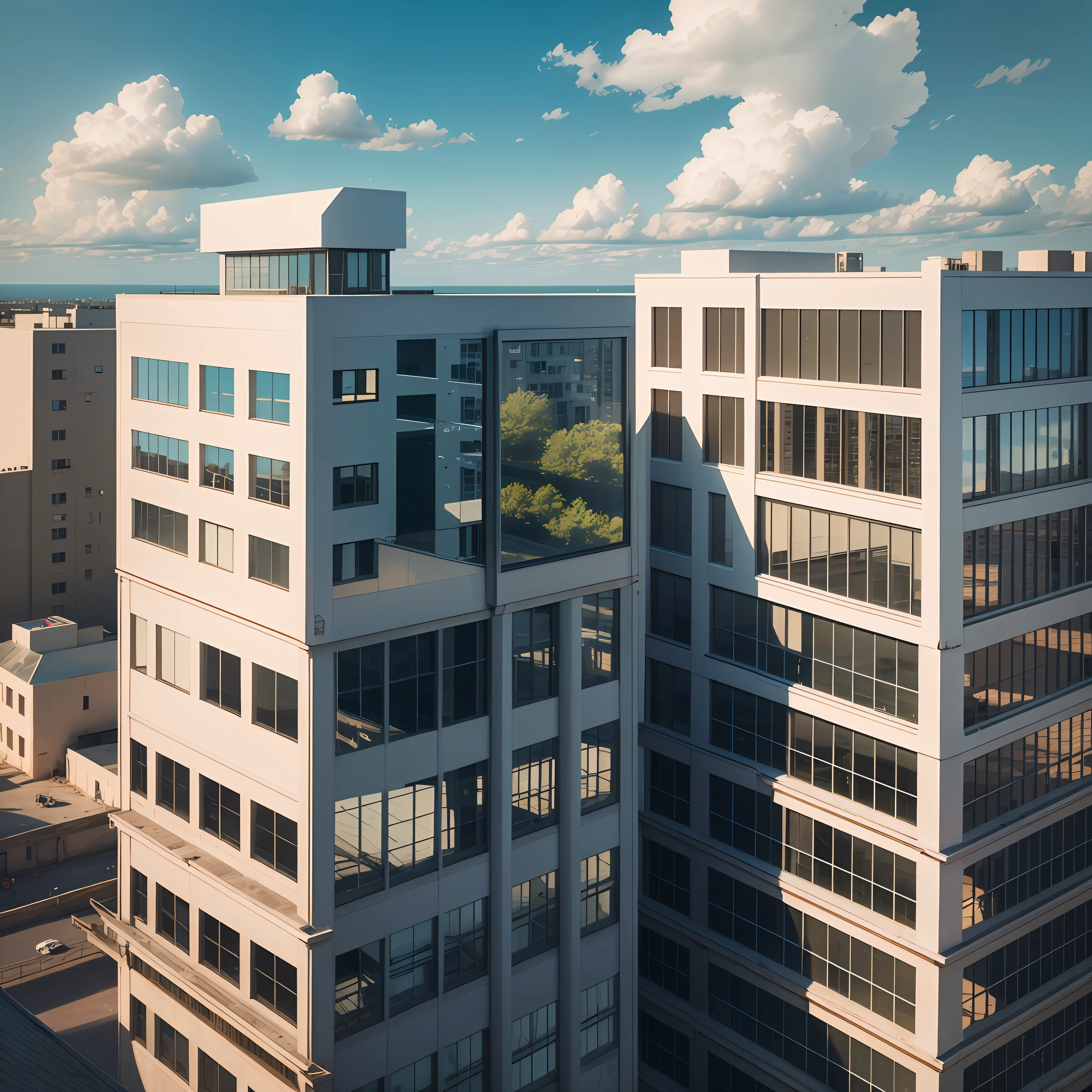 Create a realistic photo taken from a drone photographing a building with mirrored glass. The Drone cannot appear in the image, nor its reflection --auto --s2