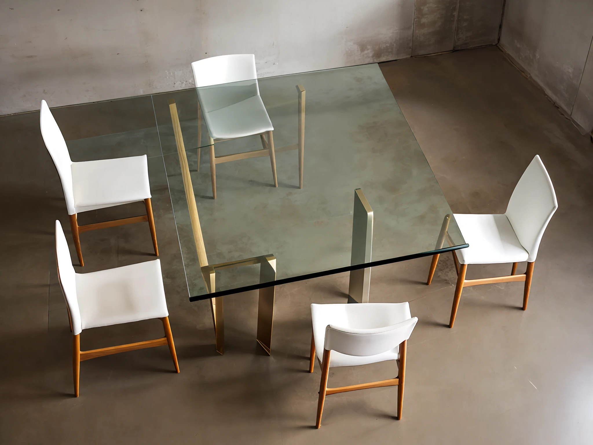 (dining table:1.2, glass:1.1) in perspective from above, four chairs inserted into the scene, minimalist decoration, warm, cozy lighting.
